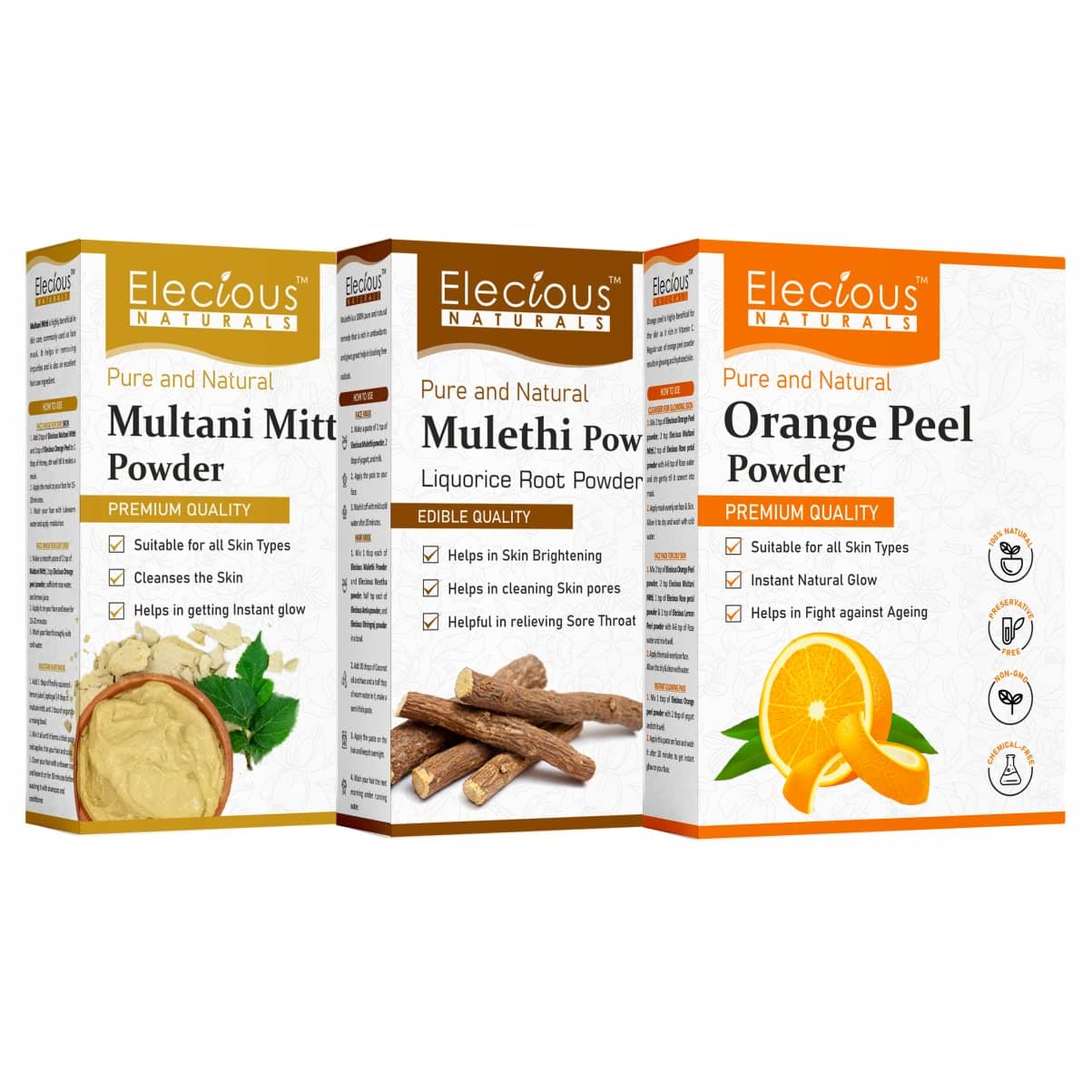 Mulethi Powder, Multani Powder and Orange Peel Powder Combo (200 grams each = 600 grams Total) For Instant Glow, Brighten Complexion and De-tanning