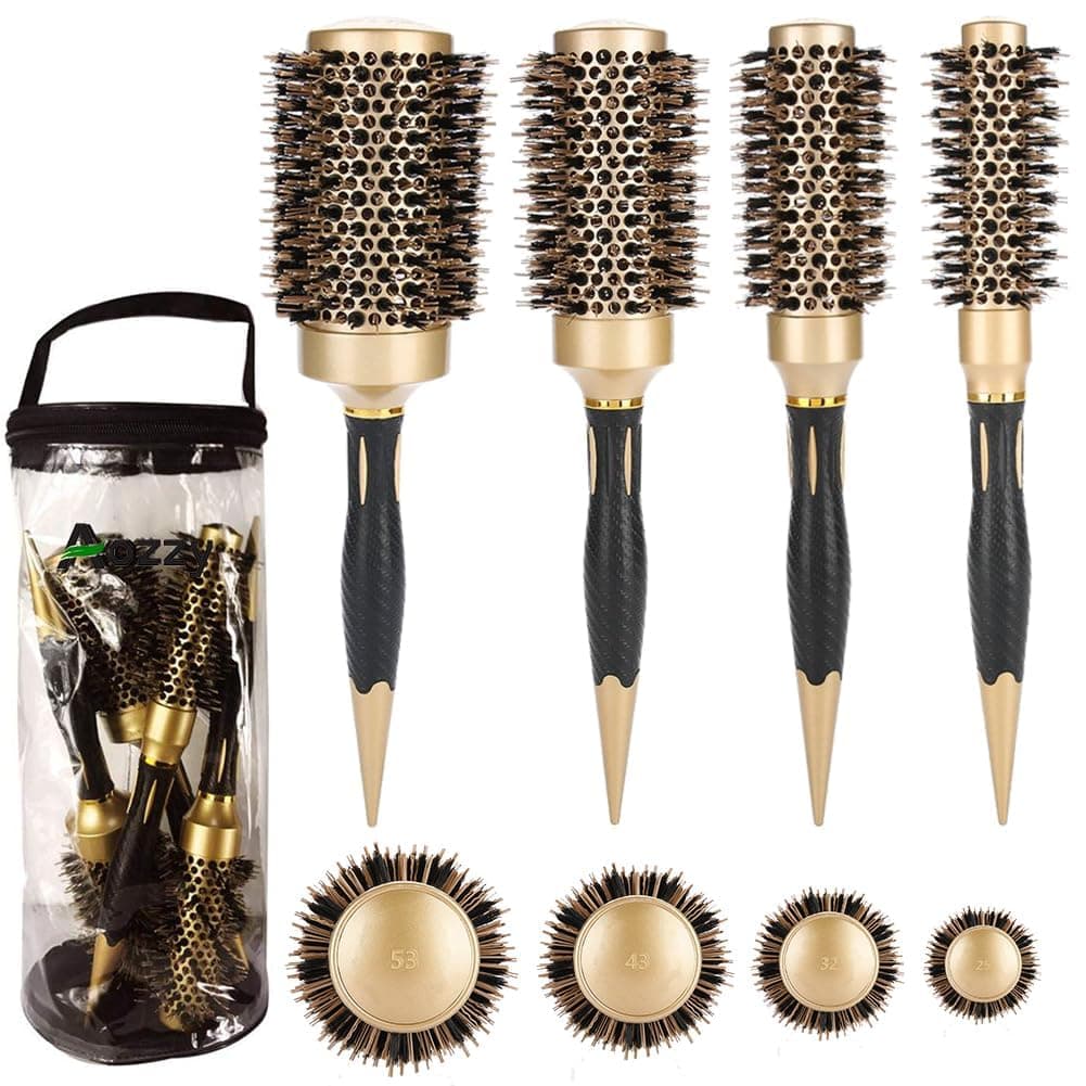 Hair Brush, Round Brush Set for Blow Drying - Professional Boar Bristle Hair Styling Brush, Nanothermic-Ion Technology, Vented Ceramic Barrel, for Women - 4 Size Options, Golden