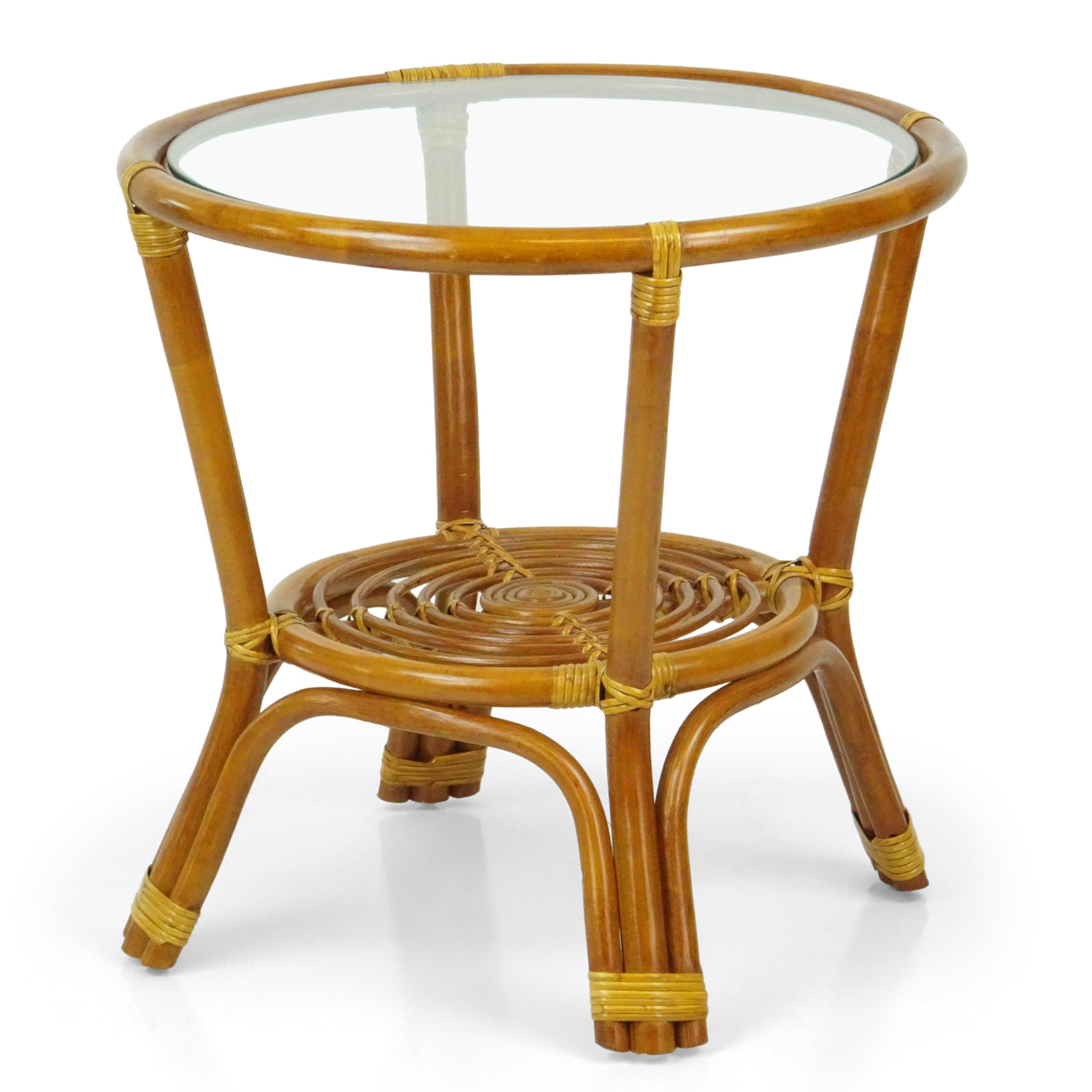 Round Coffee Table w/Glass Top Natural Rattan Wicker ECO Handmade, Cognac