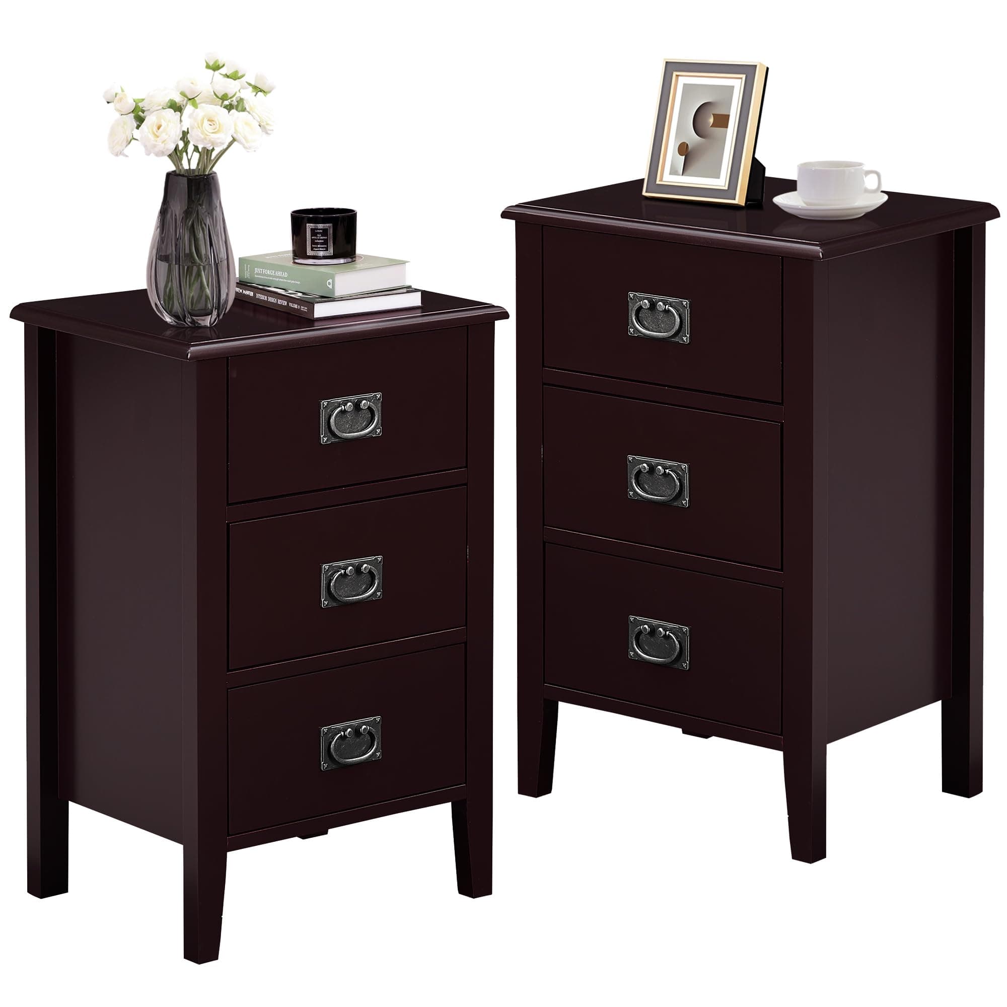 VECELO Nightstands Set of 2 End/Side Tables for Living Room Bedroom Bedside, Vintage Accent Furniture Small Space, Solid Wood Legs, Three Drawers, Black Walnut