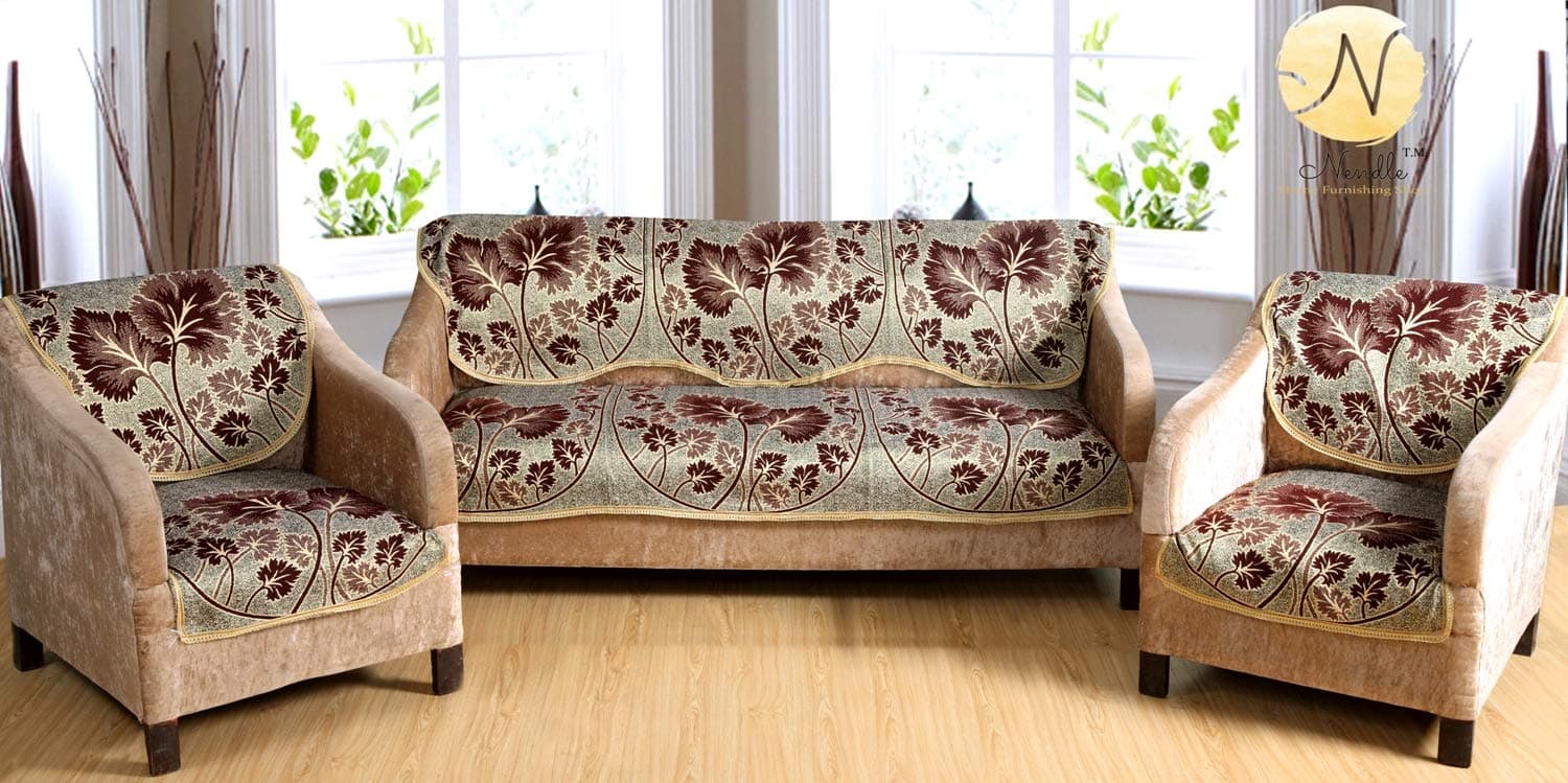 Nendle Floral Polycotton Floral Sofa Cover Set of 3+2, Design 14, Brown