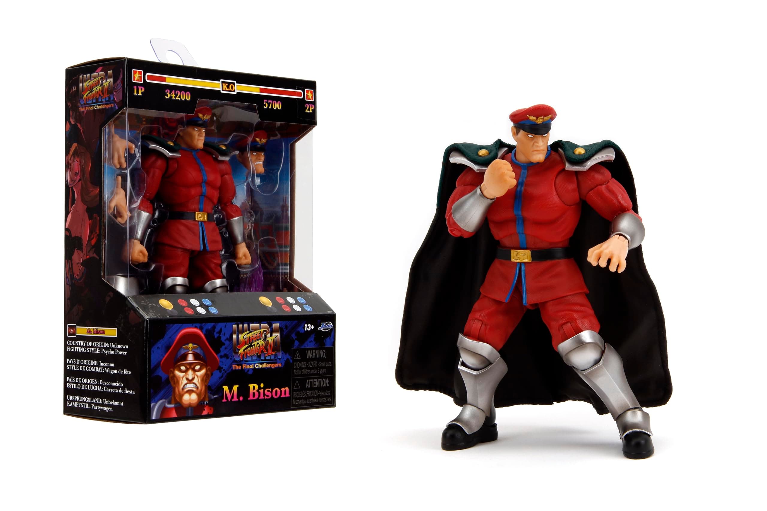 Jada Toys – Street Fighter II M. Bison Action Figure Wave 2 – 1:12 Scale, 6" Tall, Interchangeable Heads, Hands, Purple Fire Accessory
