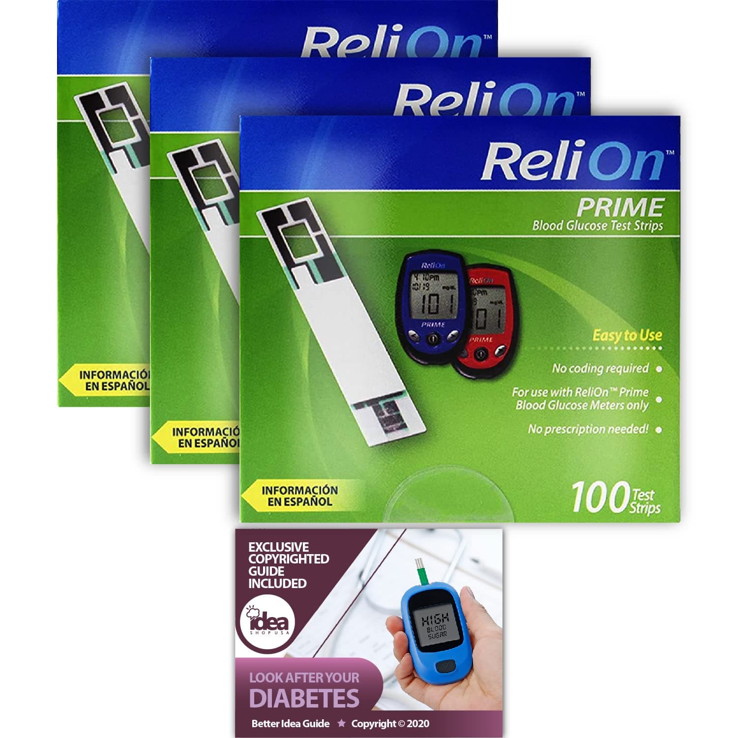 ReliOn Prime Blood Glucose Test Strips, 100 Ct (3 Pack) Bundle with Exclusive "Look After Your Diabetes" - Better Idea Guide (4 Items)