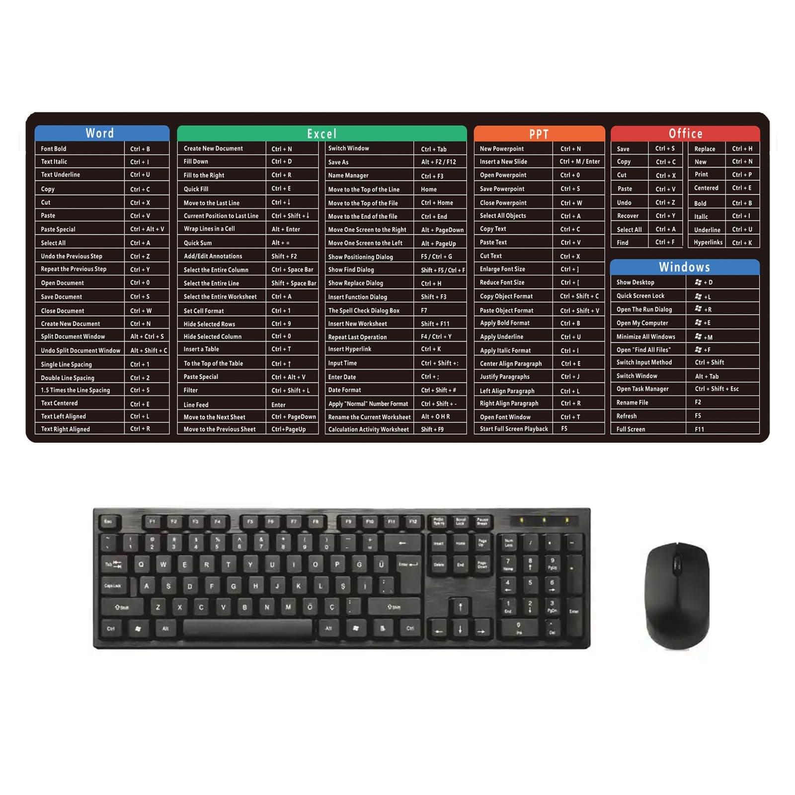 Generic Excel Shortcuts Mouse Mat - 300x800mm Large Extended Keyboard Desk Mat with Anti-Slip Rubber Base and Easy-to-Clean Plastic/Vinyl Surface in Black for Computer Laptop Home Office Gaming