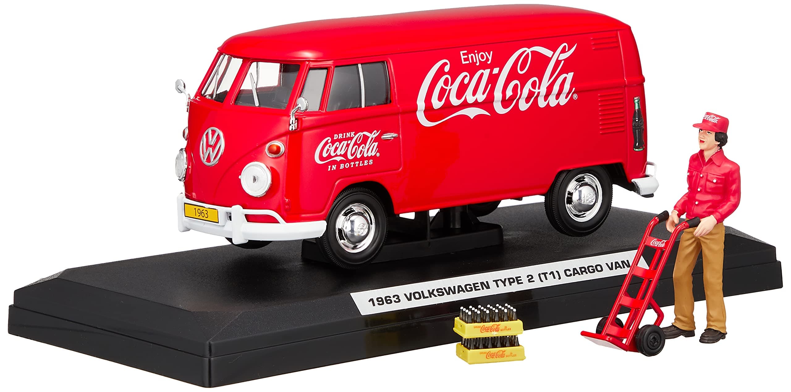 Coca-Cola1963 Volkswagen T1 Coca Cola Cargo Van with Delivery Driver, Hand Cart and Coca Cola Cases 1/24 by Motor City Classics 424062