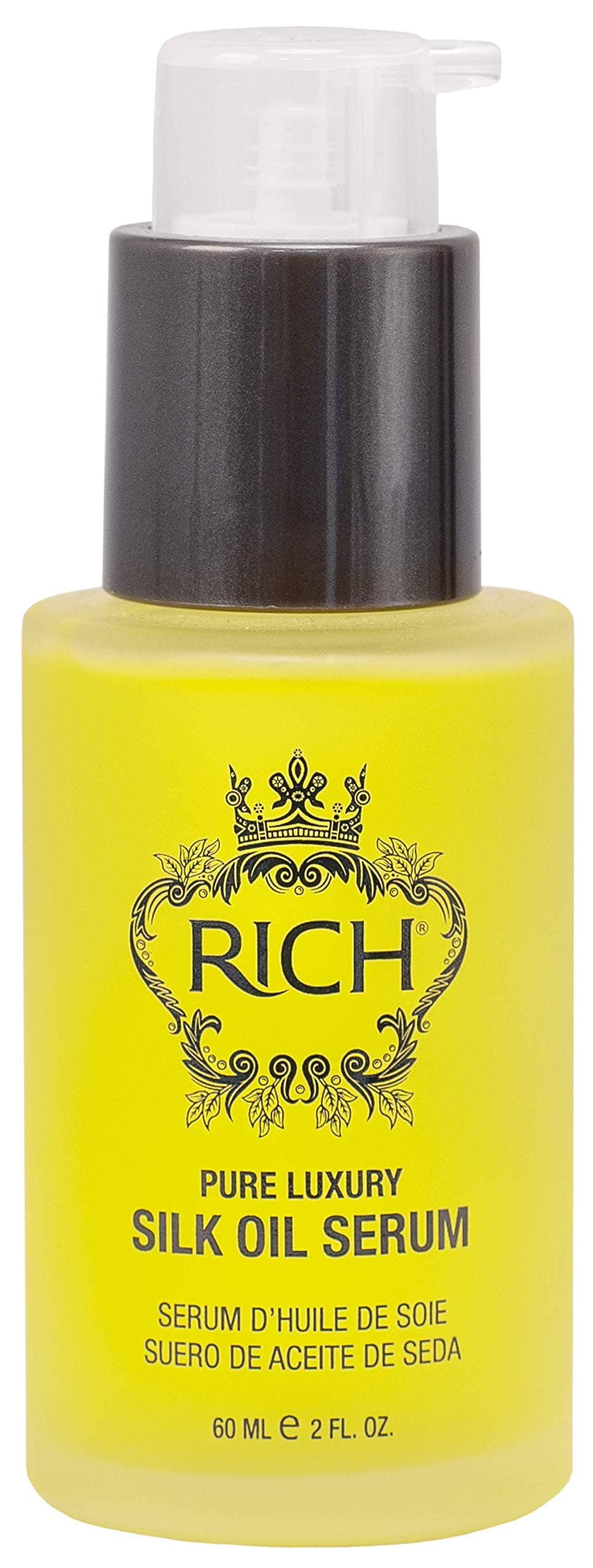 RICH Pure Luxury Silk Oil Serum with Organic Jojoba & Sweet Almond Oil for All Hair Types - Moisturizing & Smoothing - Protects Hair from Styling & Coloring Damages, Prevents Frizz & Breakage - 2 Oz