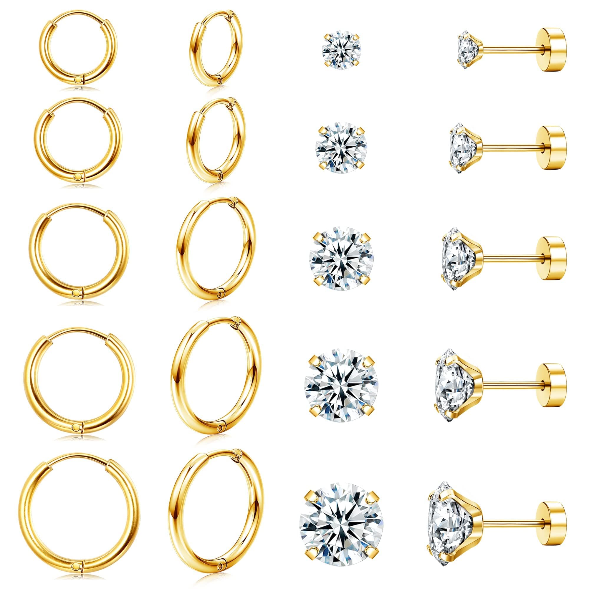 Diamday10 Pairs Stud Earrings Sets for Multiple Piercing Surgical Steel Small Huggie Hoop Earrings 20G Flat Back Tiny CZ Stud Earrings for Cartilage Lobe Helix Hypoallergenic Sliver Gold