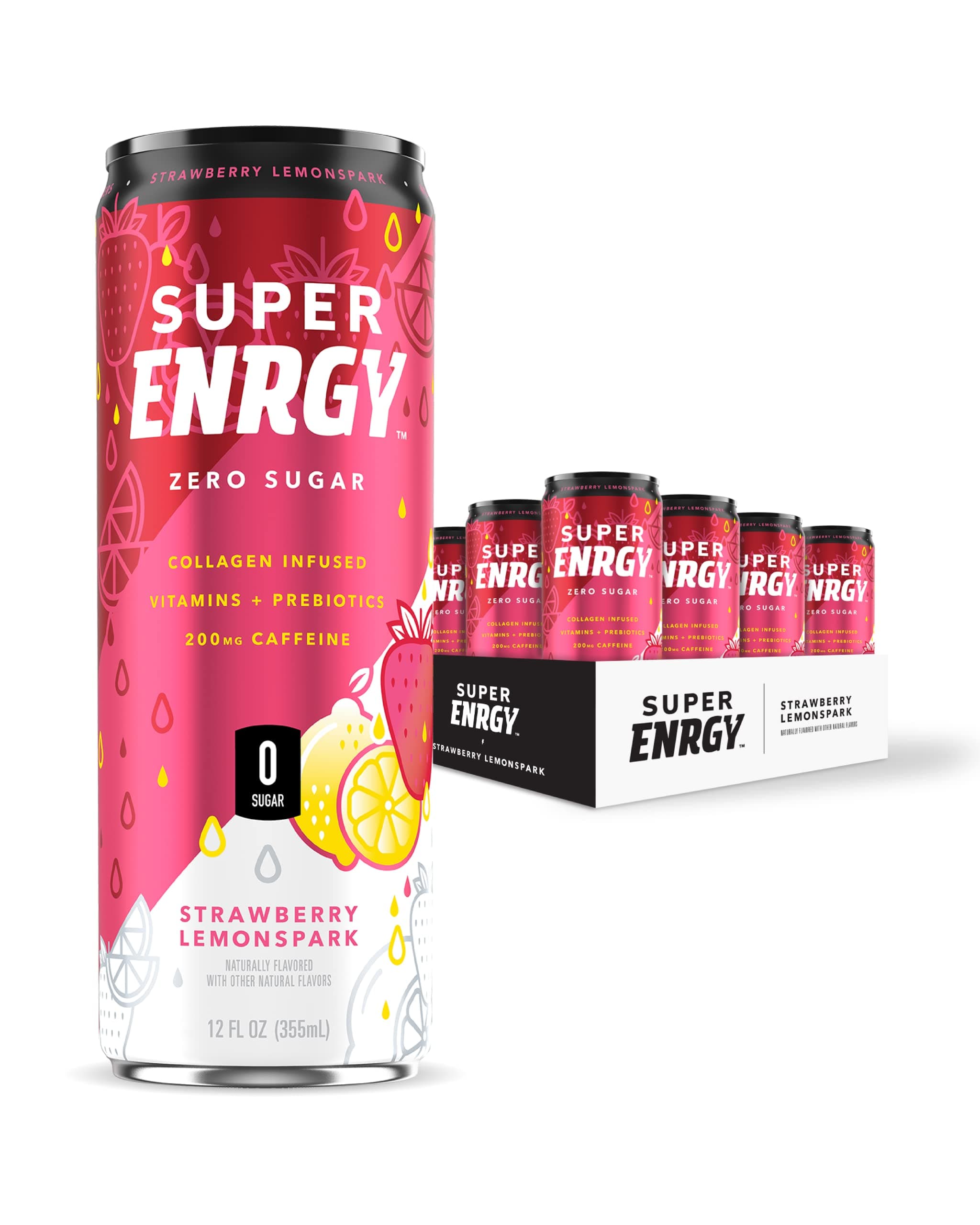 SUPER COFFEE Healthy Energy Drink | Sugar Free, Natural Energy | Strawberry Lemon Spark | 0g Sugar, 200mg Caffeine, No Artificial, Collagen Protein, Prebiotics, B Vitamins, 20 Calories | Pack of 12