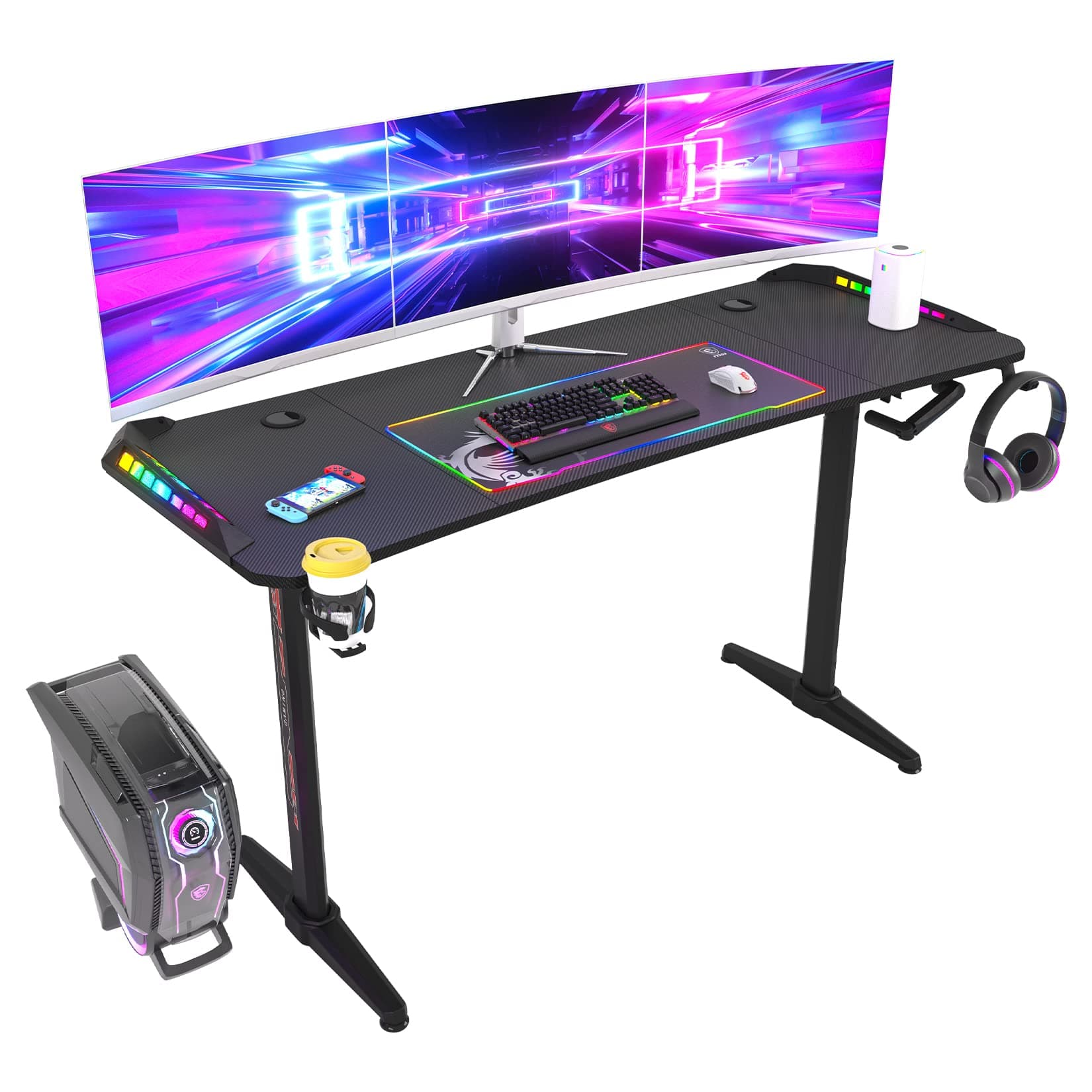 Wisfor Large Gaming Desk: 160CM Mechanical Height Adjustable PC Computer Table Home Office Workstation for 3 Monitors Pro Gamer Desk with RGB Light Cable Management Cup Holder Headphone Hook