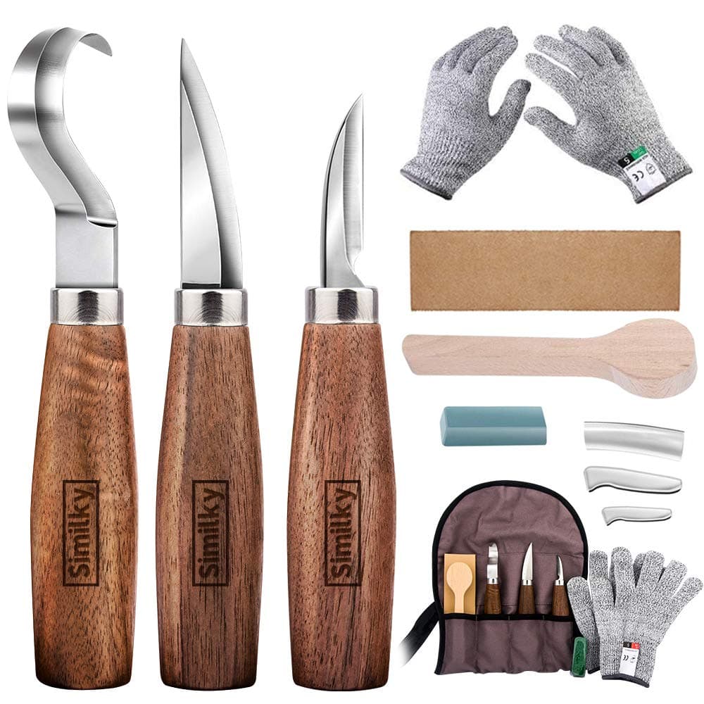Wood Carving Tools 6 in 1 Set - SIMILKY Carving Hook Knife, Wood Whittling Knife, Chip Carving Knife, Carving Knife Sharpener,Blank Spoon, Gifts for Mens (3 Set Bags)