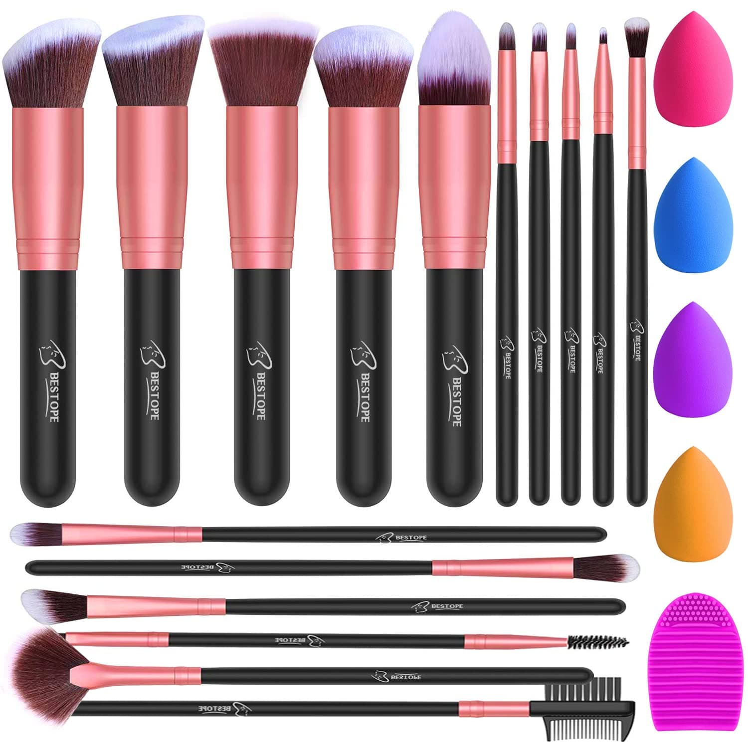 BESTOPE Makeup Brushes 16PCs Makeup Brushes Set with 4PCs Beauty Blender Sponge and 1 Brush Cleaner Premium Synthetic Foundation Brushes Blending Face Powder Eye Shadows Make Up Brushes Tool