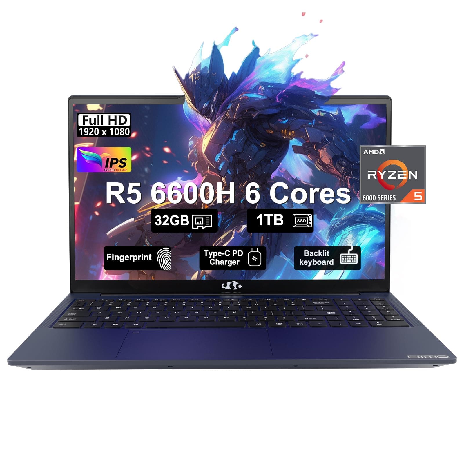 NIMO 15.6 FHD IPS Business Gaming Laptop, 6-Cores AMD Ryzen 5 6600H 660M 6 nm,32GB RAM DDR5, 1TB SSD, (Beat i5-12450H, up to 4.5GHz),100W Type-C, Fingerprint, Backlit Keyboard, WiFi 5, Win 11