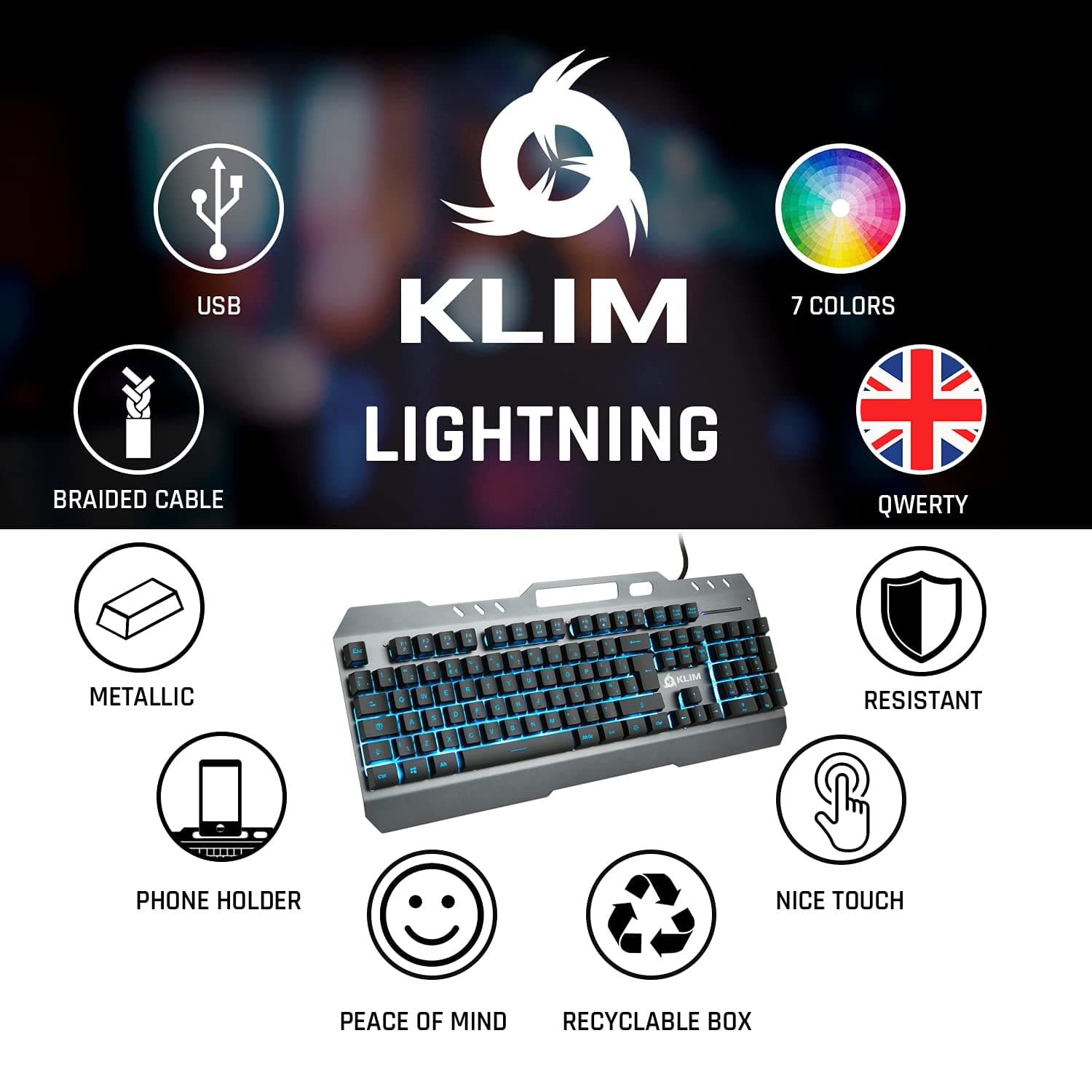 KLIM Lightning Gaming Keyboard - NEW -7 LED Colors - Ergonomic Mechanical Feel Keyboard with Metal Frame - Compatible with PC Mac PS4 PS5 Xbox One - Wired Hybrid Keyboard