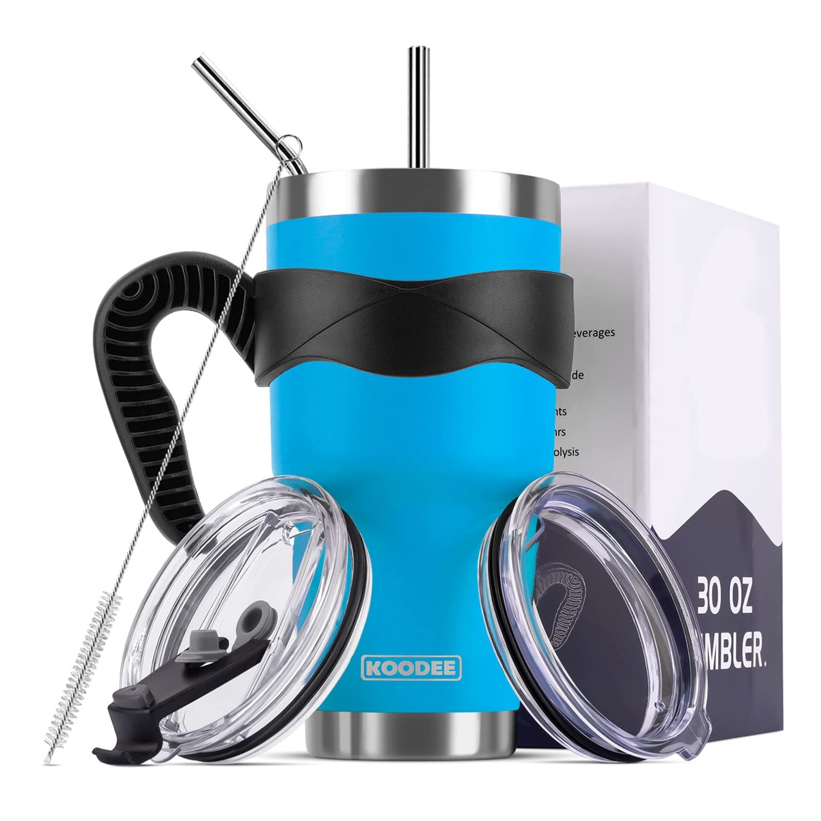 koodee 30 oz Tumbler with Handle and Straw-Stainless Steel Vacuum Insulated Tumbler Cup with Lids, Travel Ice Coffee Mug for women and Men (30 oz, Sky Blue)
