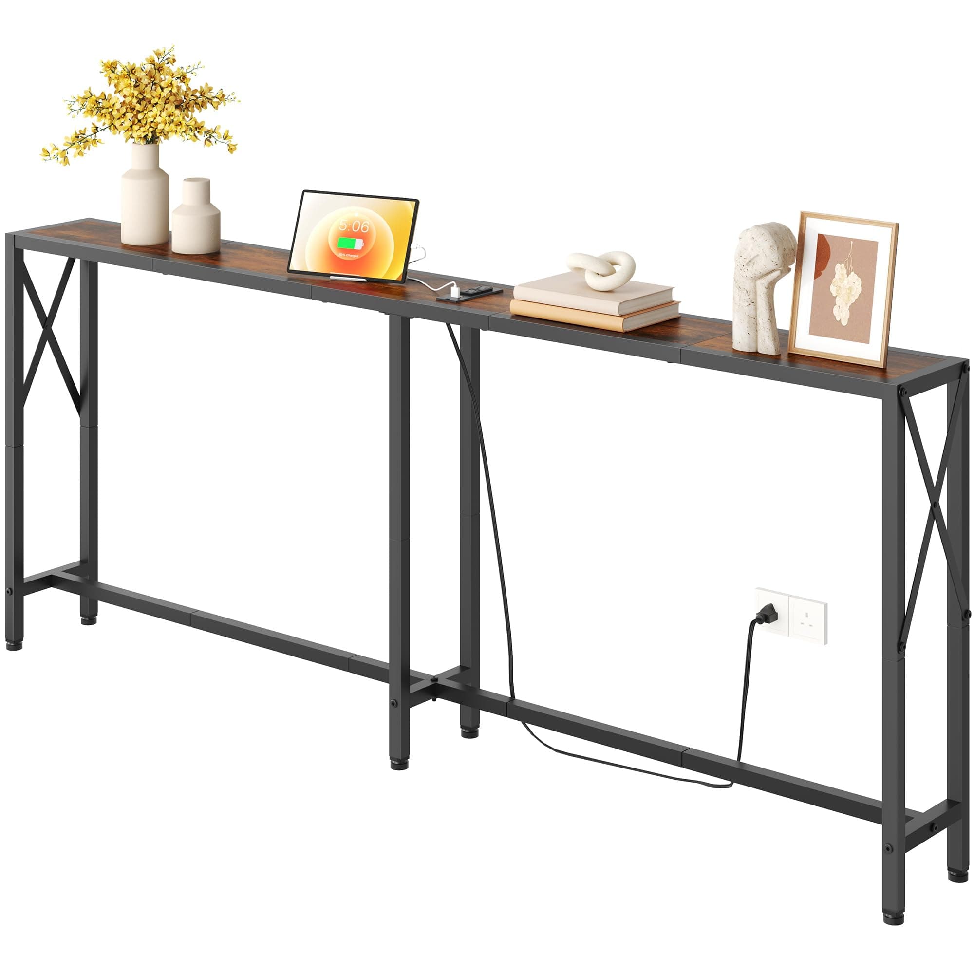 70 in Skinny Sofa Table Behind Couch, Console Table with Oulets & USB Ports for Hallway, Entryway,Living Room, Bedroom, Rustic Brown
