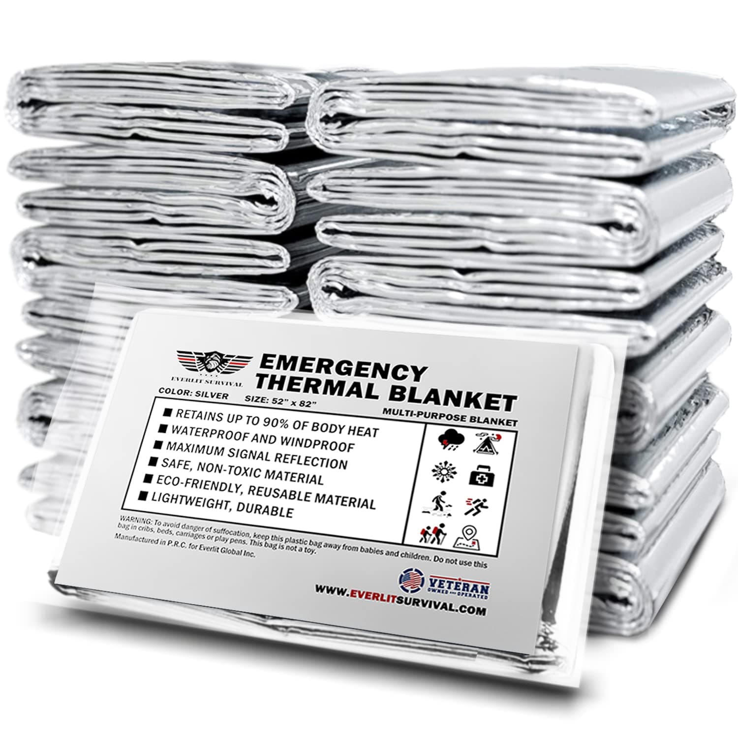 EVERLIT Survival Emergency Mylar Thermal Blankets -Space Blanket Survival kit Camping Blanket Perfect for First Aid Kit, Outdoors,Hiking,Survival,Bug Out Bag,Marathons (Silver, 12 Pack)