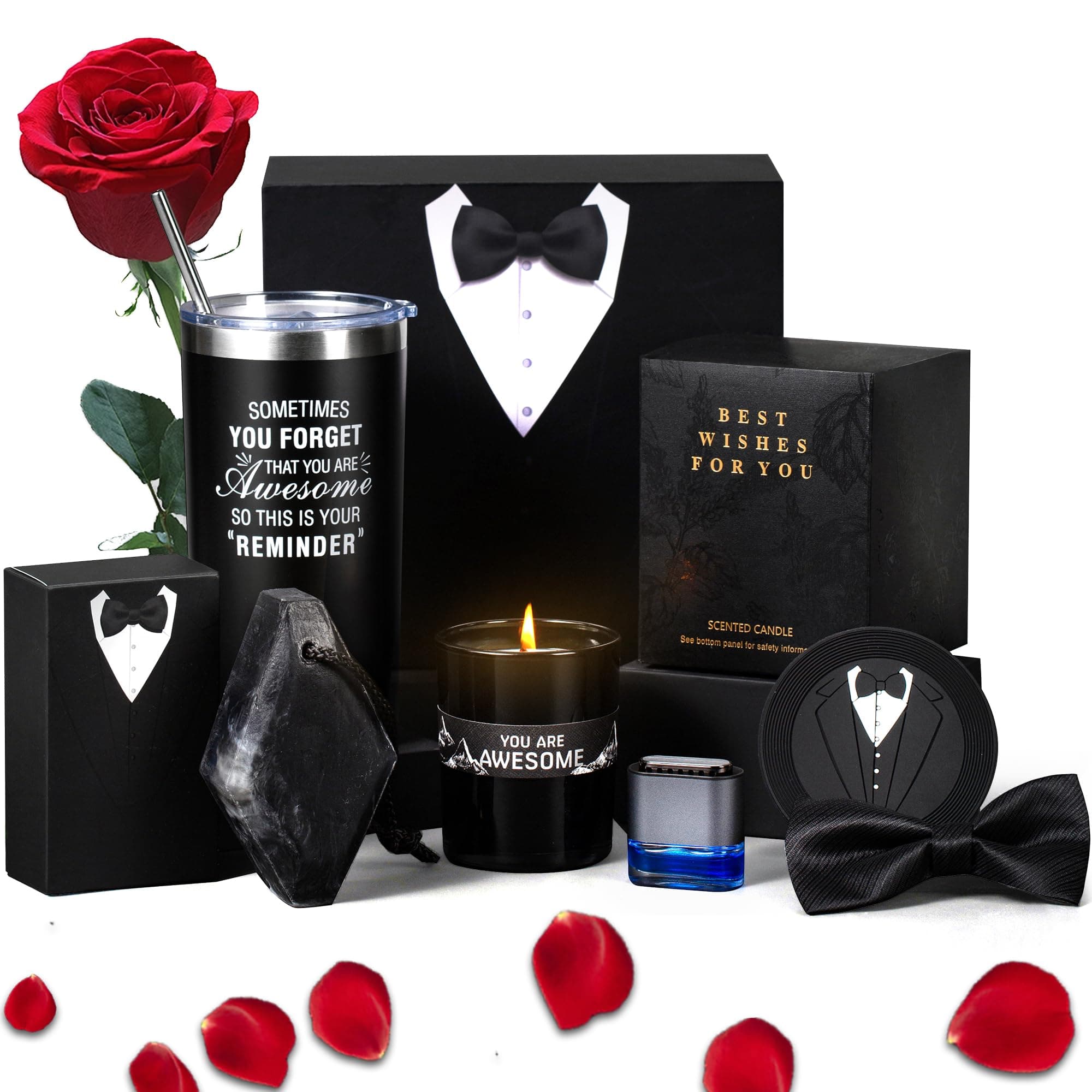 PVUELE Gifts for Men - Birthday, Anniversary, Wedding, Retirement, Graduation Gift Sets Basket for Him Who Has Everything - Includes Tumbler and Candles