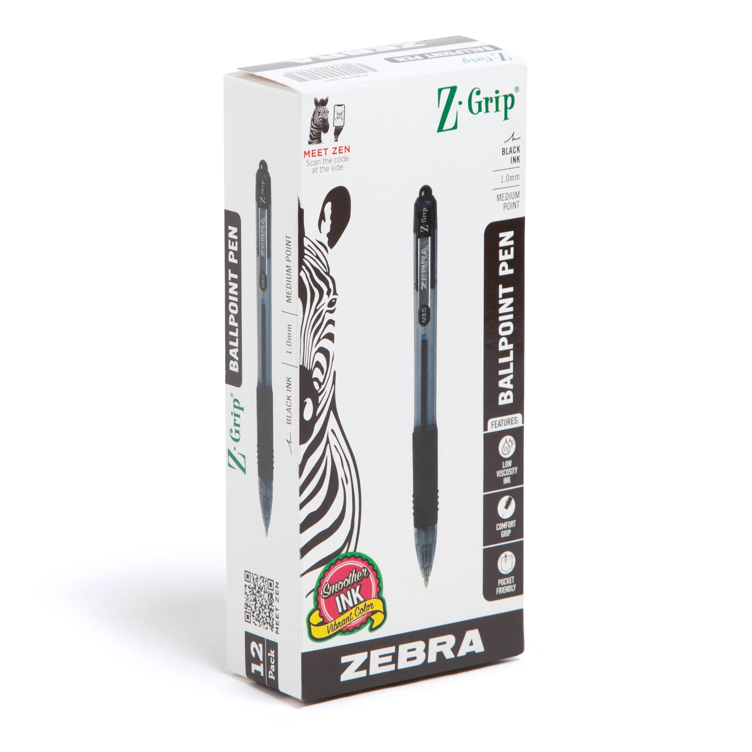 Zebra Pen Z-Grip Retractable Ballpoint Pen, Medium Point, 1.0mm, Black Ink - 12 Pieces