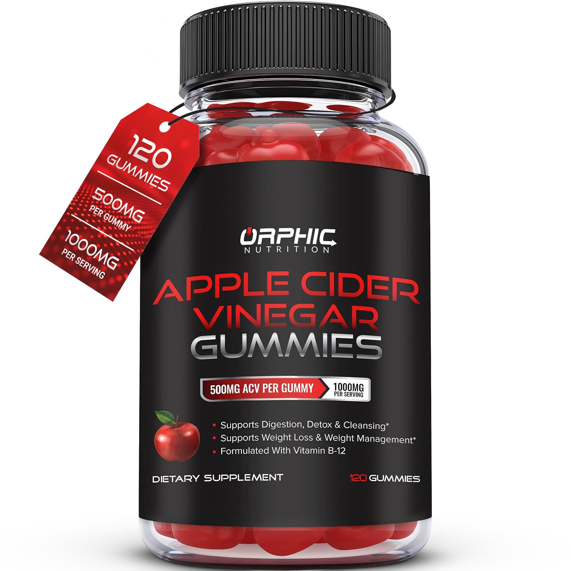 Orphic Nutrition Apple Cider Vinegar Gummies - 1000mg - ACV Weight Loss Gummies - Supports Digestion, Detox & Cleansing - VIT B12, Beetroot - Gomitas de Vinagre de Manzana (120 pcs)