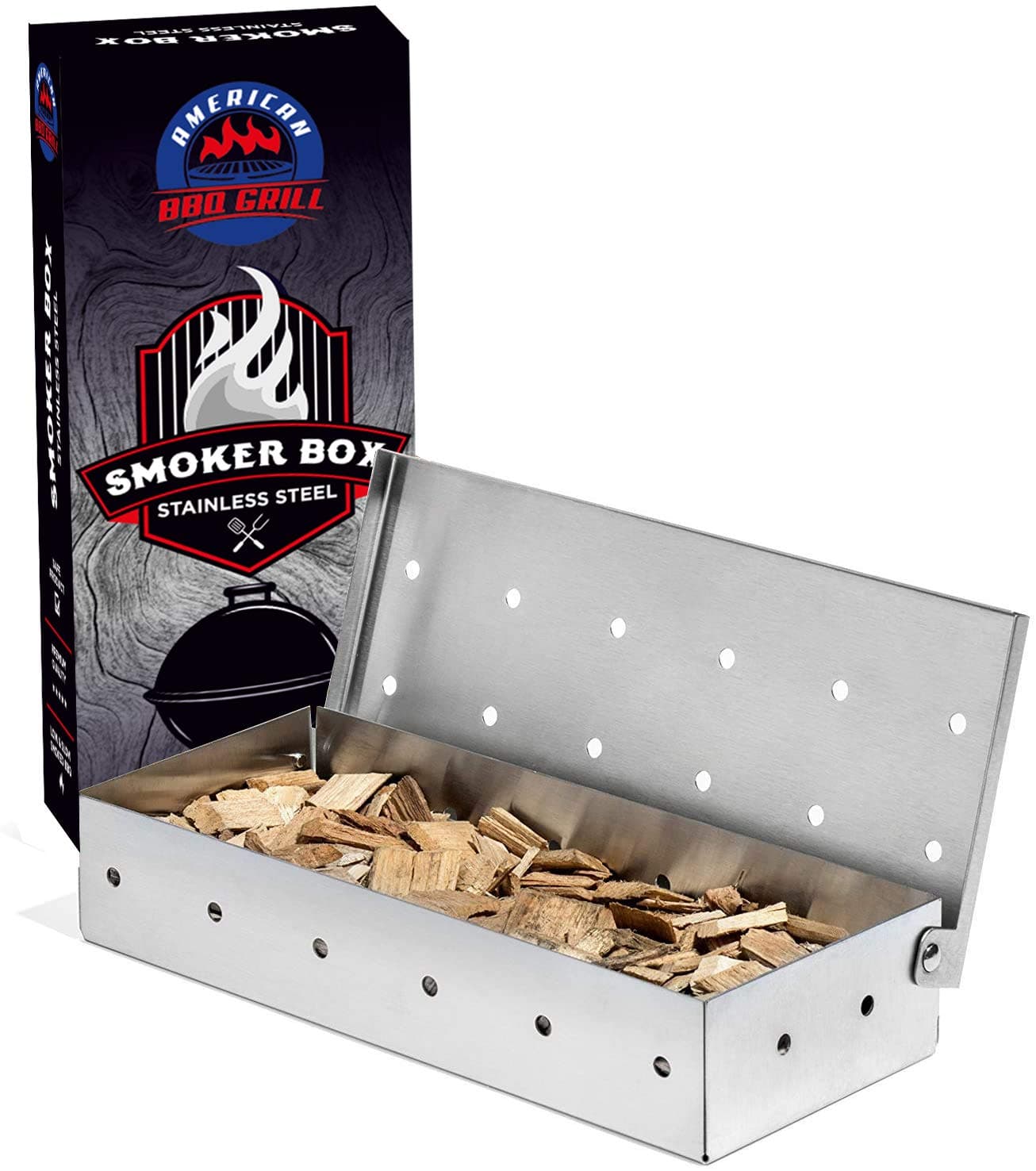 Smoker Box - For Smoking Wood Chips and Woodchips - Heavy Duty Stainless Steel - Smoky Flavor Grilled Meat and Fish - For Gas and Charcoal Grill - Perfect Smokebox Gift for Him