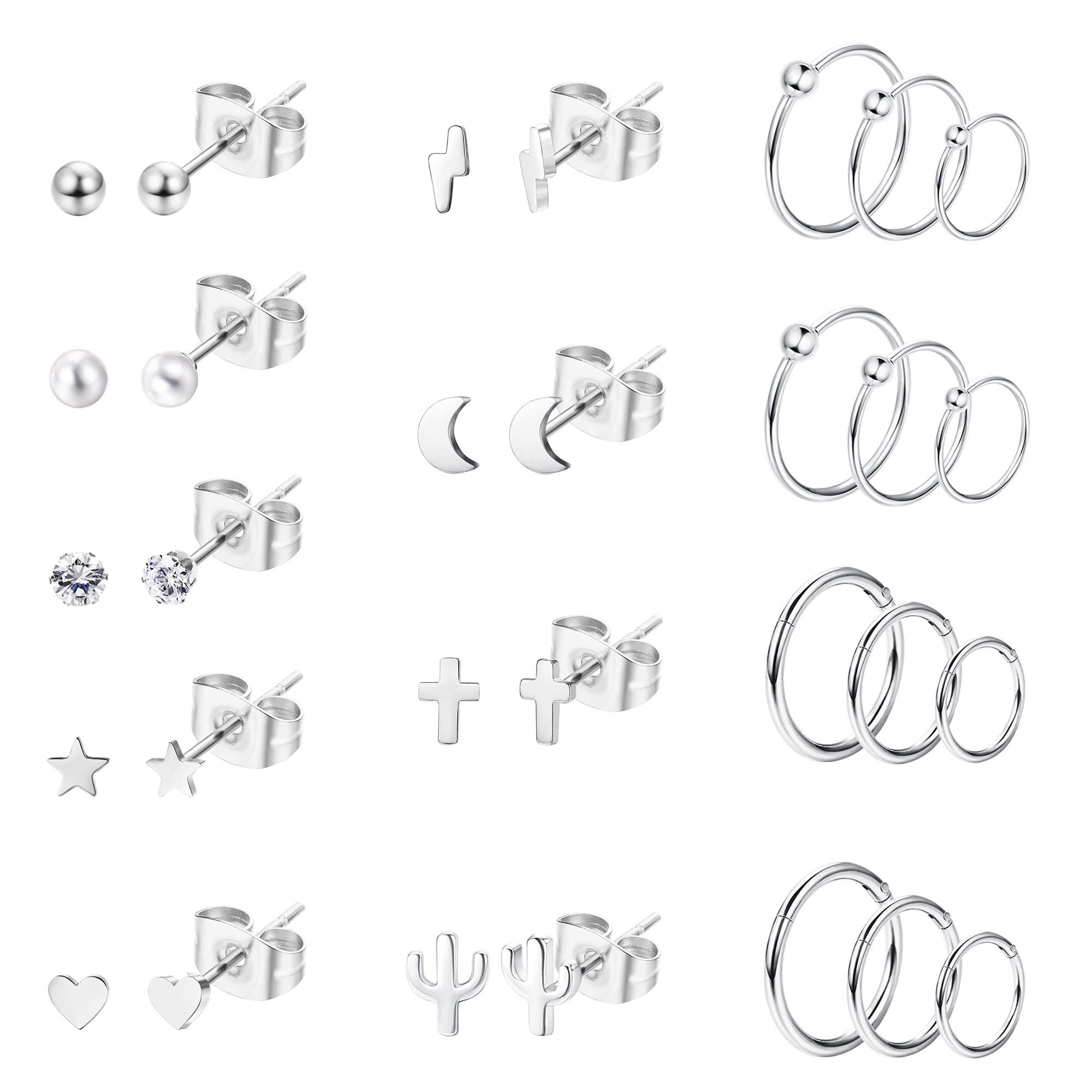 15 Pairs Stainless Tiny Steel Earring Studs Heart Moon Star Ball Geometrical CZ Tragus Cartilage Ear Hoops Piecring Jewelry for Women