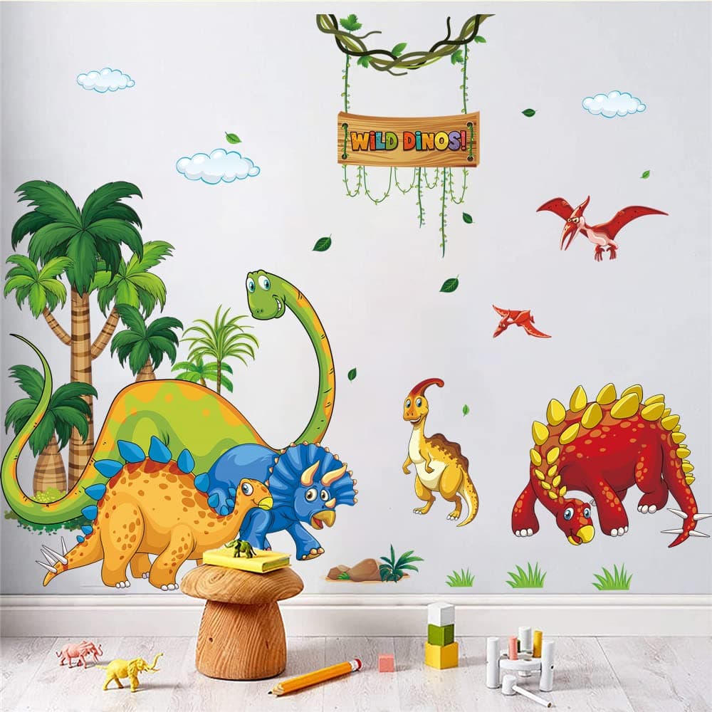 Supzone Cartoon Dino Wall Decal - Wild Tree & Dinosaur Wall Art Sticker for Boy's Room, Kids, Baby Nursery, Playroom, Living Room Decor