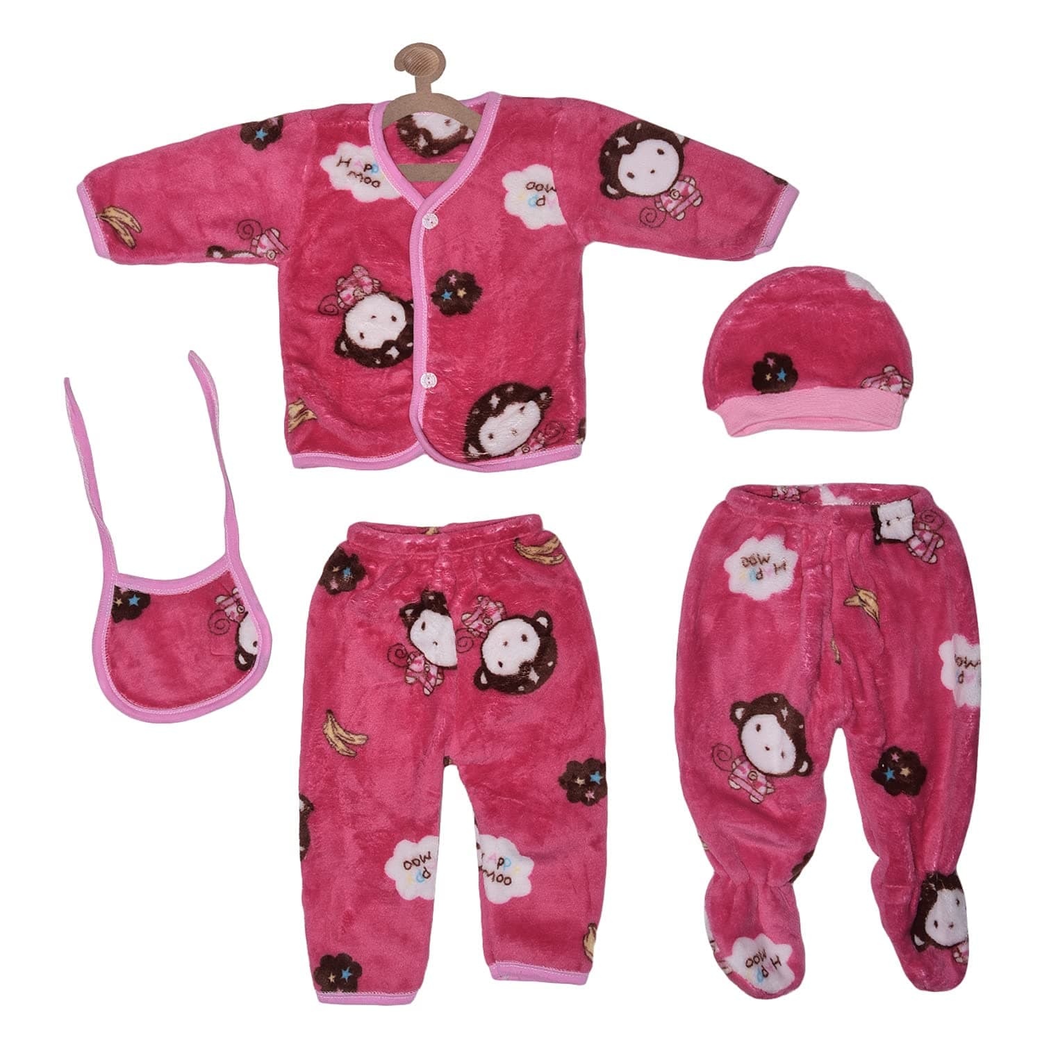 Newborn Baby 1 Baby Bib, 1 Baby Cap, 2 Baby Pajamas, 1 Upper Woolen Winter Wear Complete Clothes Set of 5 Pieces (Watermelon, Standard, 0-3 Months)