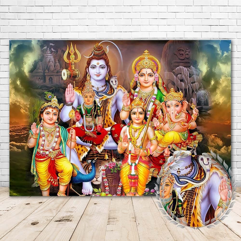 Krishna Shiva Family Backdrop 5x7 Vinyl Hindu God Lord Shiva Family Background Shiva with Ganesha and Parvati Hindu Religious Poster Home for Auspicious and Peace & Religious