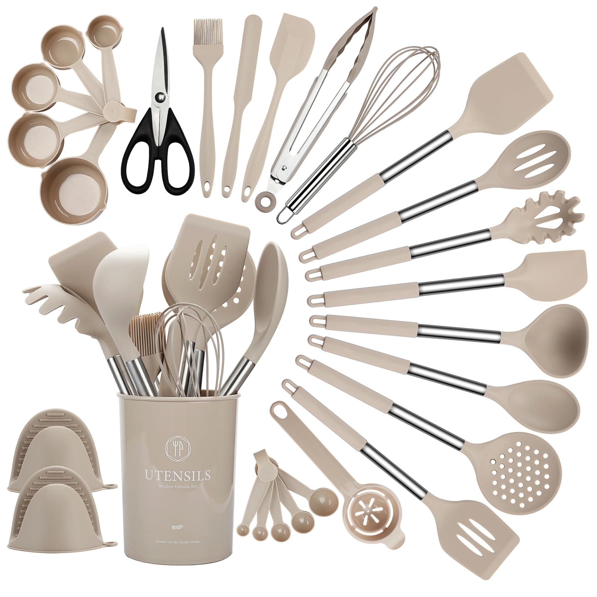 QMVESS Silicone Cooking Utensils Set, 28 Pcs Non-Stick Kitchen Utensil Set with Holder, Tongs, Spatula, Whisk, Measuring Cups and Spoons Set with Stainless Steel Handle Kitchen Gadgets (Khaki)