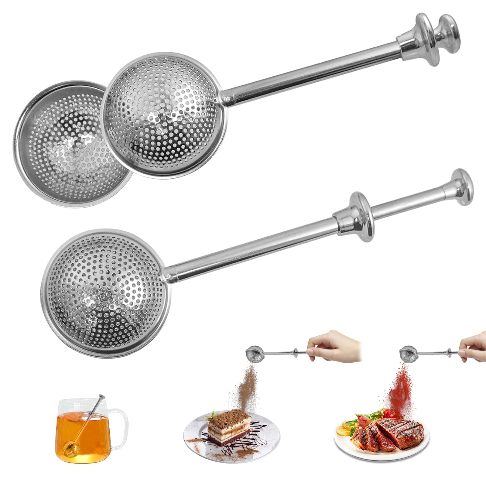 2 Pcs Long Handle Tea Ball, Stainless Steel Strainer, Reusable Fine Mesh Interval Diffuser for Loose Leaf Brewing