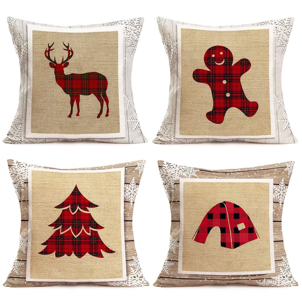 FukeenSet of 4 Cotton Linen Throw Pillow Covers Red Black Buffalo Check Plaid Deer Pine Tree Gingerbread Man Tent Decorative Farmhouse Pillows Burlap Pillow Cases Snowflake Wood Cushion Cover