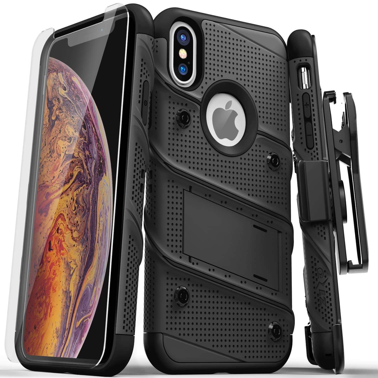 ZIZO Bolt Series for iPhone Xs Max case Military Grade Drop Tested with Tempered Glass Screen Protector, Holster, Kickstand Black/Black