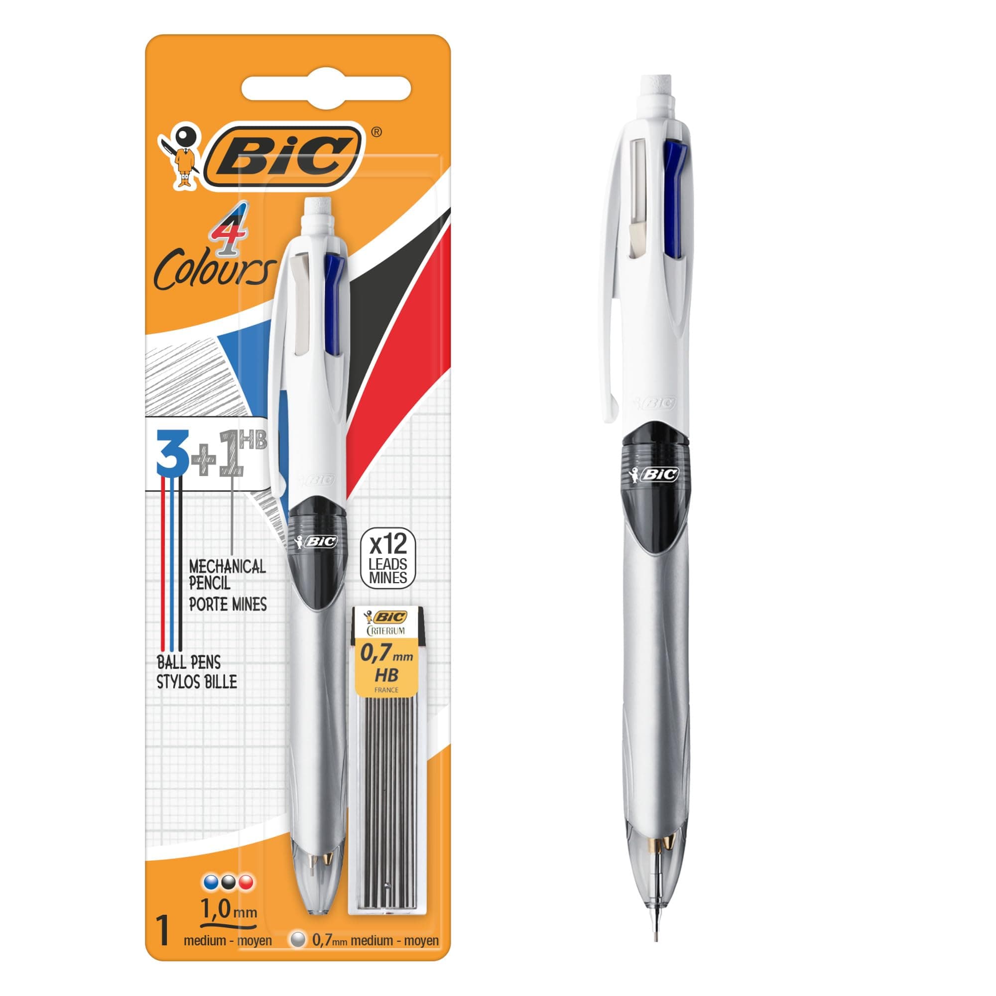BIC 4 Colours Pen and Pencil Combo, 3 Ballpoint Pens Medium 1.0mm Blue, Black, Red, 1 Mechanical Pencil, 12 Leads Medium 0.7mm, 1 Per Pack, 1 Pack