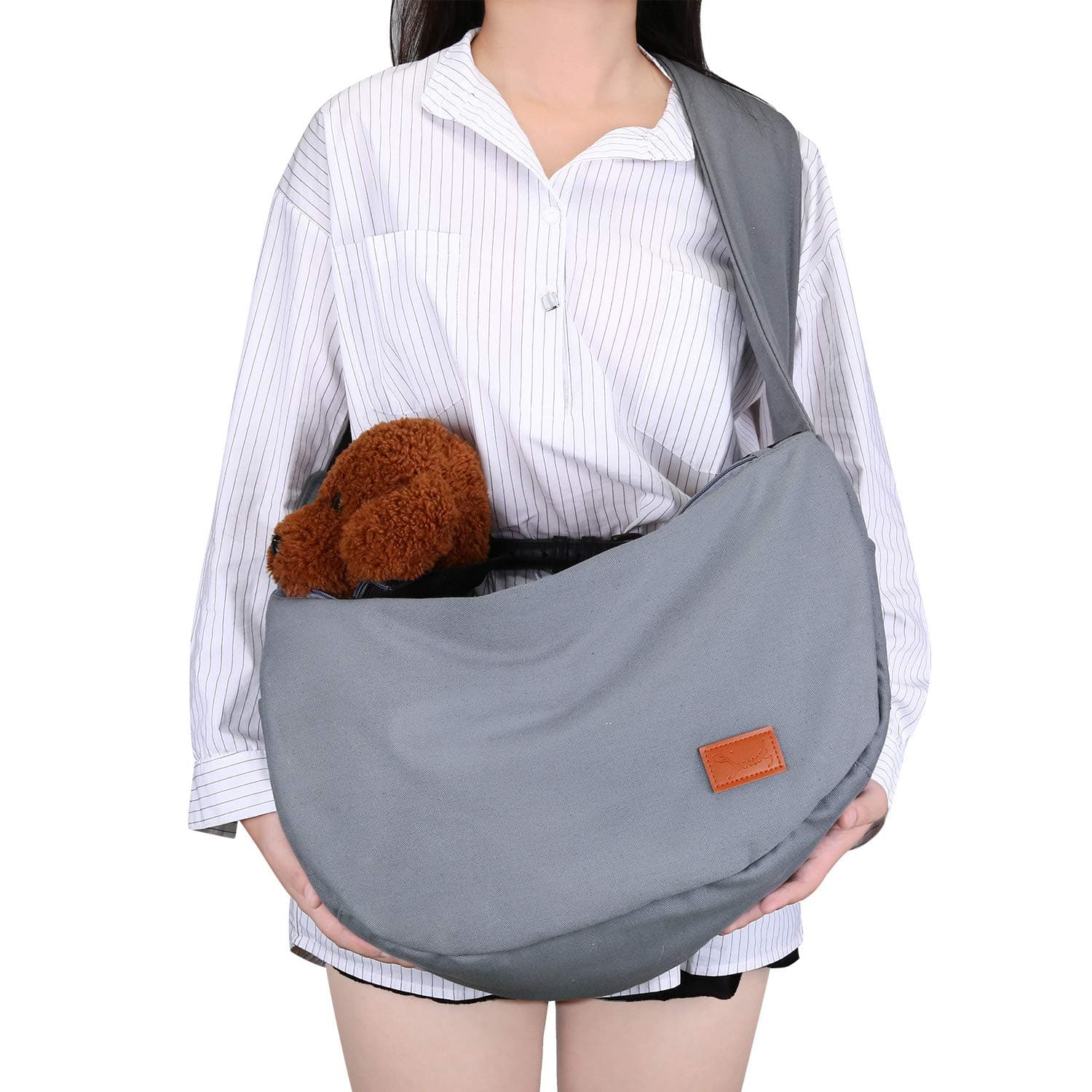 HAPPY HACHI Dog Sling Carrier, Hands Free Dog Papoose, Purse Pouch Front Bag for Small Dogs Pet Puppy, Cat Rucksack, Adjustable Wide Shoulder Strap, with Pockets, for Walking Travel Shopping, Grey