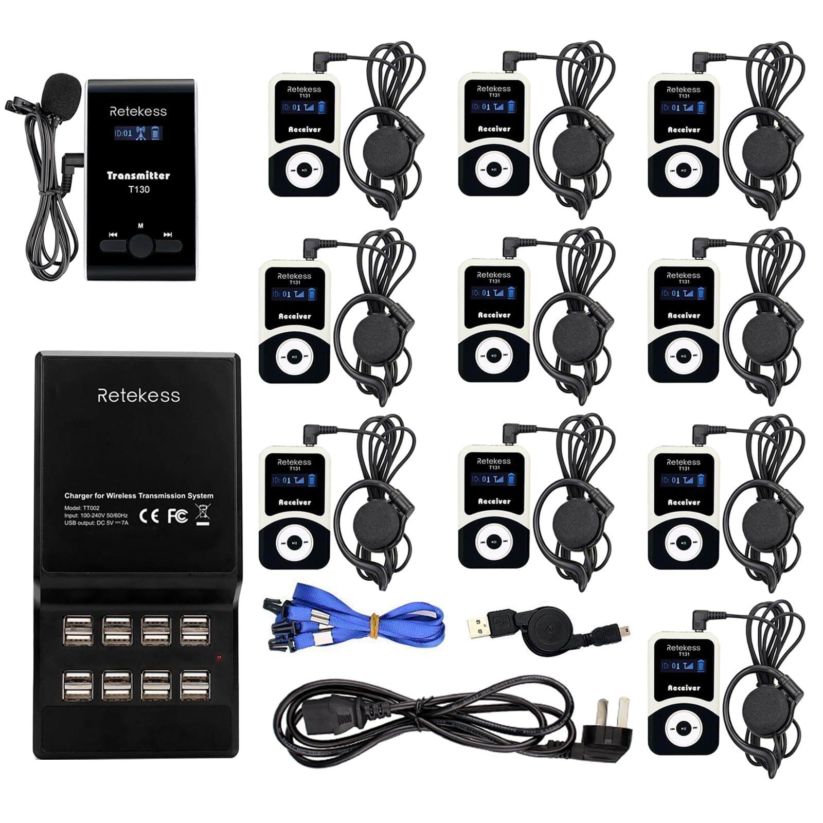 Retekess T130 Assistive Listening System, Tour Guide Headsets, Classic Style, Easy to Use, 16 Port USB Charging Station, Whisper Wireless Tour Guide System for Church, Plant (1 TX 10 RX)