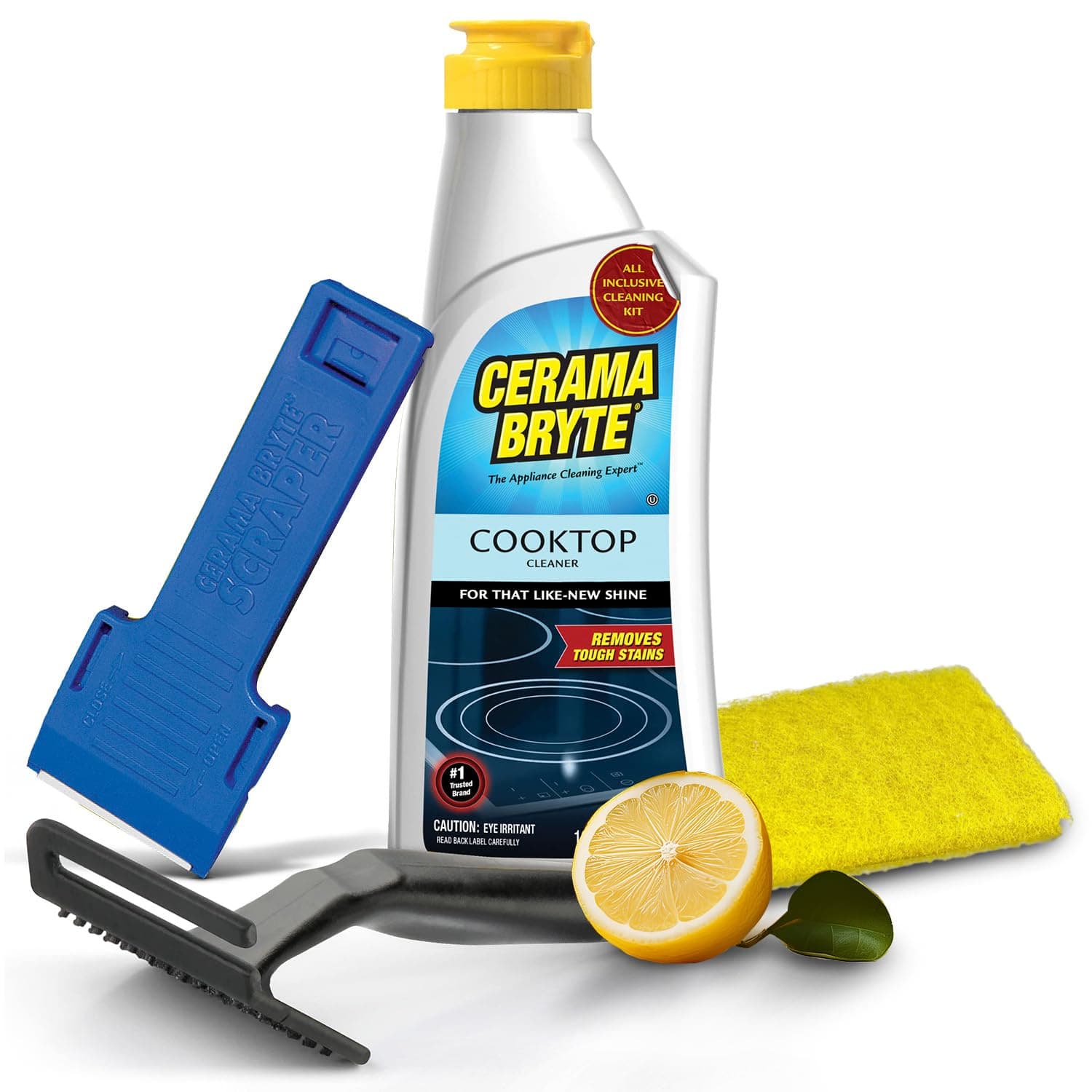 Cerama Bryte Combo Kit POW-R Grip, Scraper, Pad & Removes Tough Stains Cooktop and Stove Top Cleaner for Glass - Ceramic Surfaces, 10 Ounces, 4 Piece