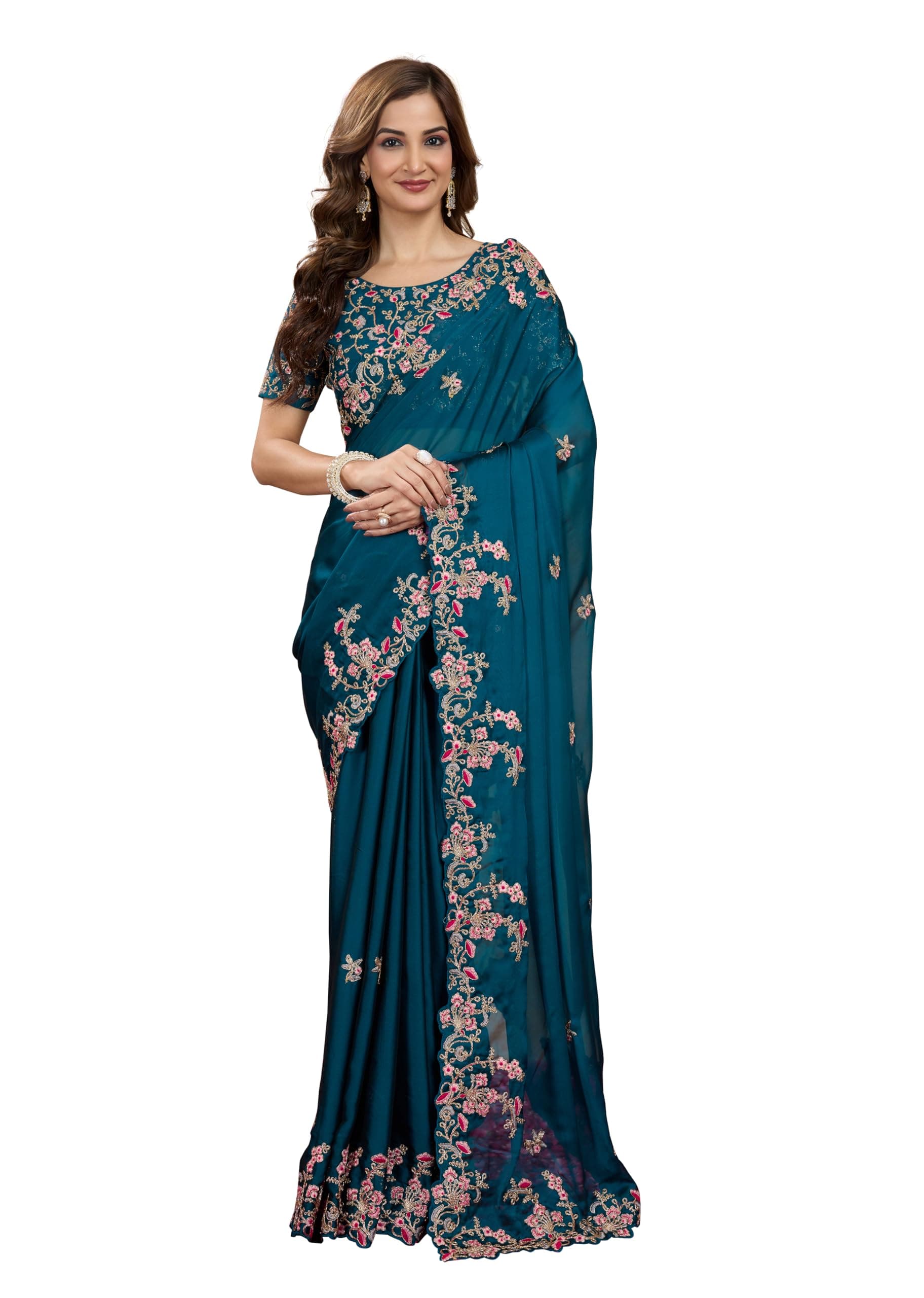 Women's Rangoli Silk Embroidred Saree with Unstitched Blouse Piece