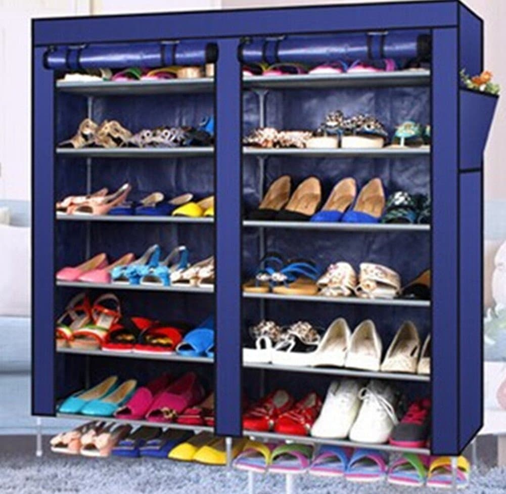 XSH Non-woven Fabric 2 Doors Shoe Cabinet with Cover,6 Tier Shoe Tower Simple High-capacity Shoes Cabinet (Blue)