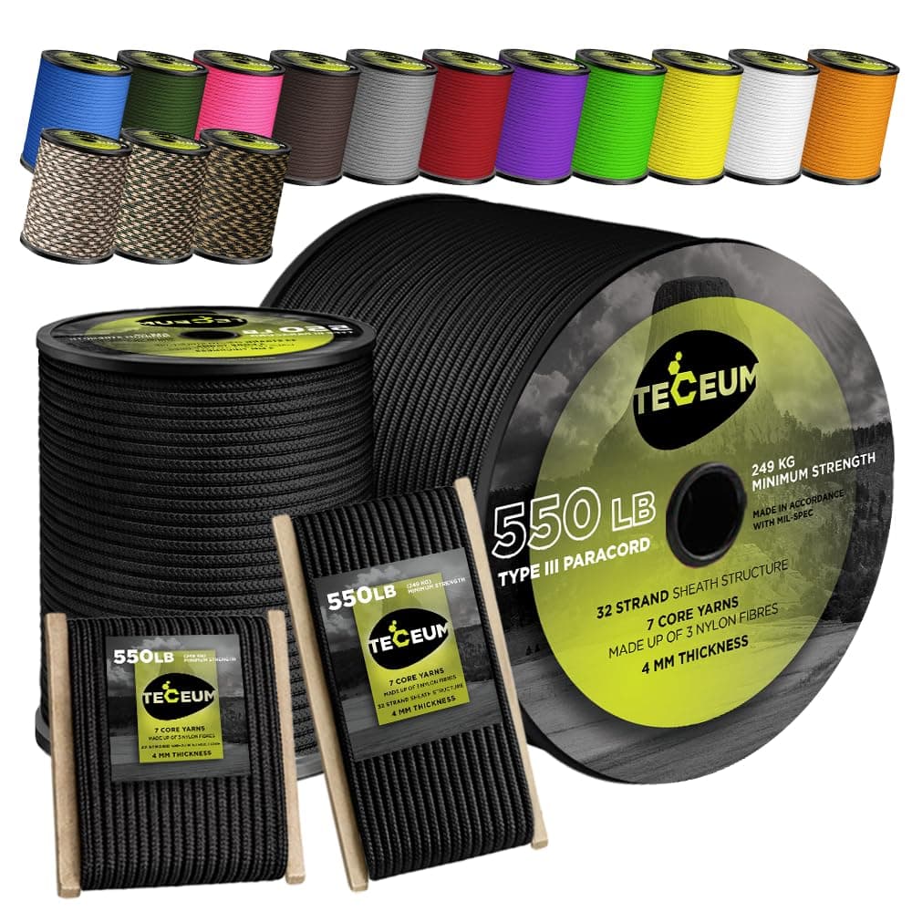 TECEUM Paracord Type III 550 Black – 120 ft – 4mm – Tactical Rope MIL-SPEC – Outdoor para Cord –Camping Hiking Fishing Gear and Equipment – EDC Parachute Cord – Strong Survival Rope 016