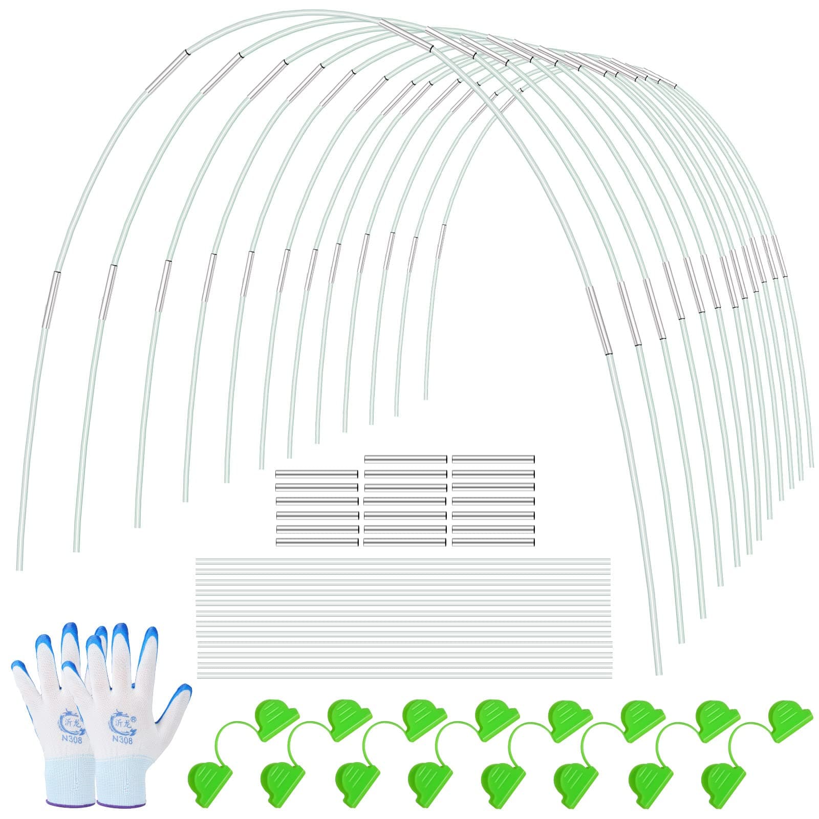 150 Pcs Greenhouse Hoops Garden Hoops for Raised Beds Row Cover Hoops 17 Inch Fiberglass Rod Grow Tunnel Support Frame with 120 Pcs Connectors 90 Pcs Gardening Clamps 4 Pairs Gardening Gloves