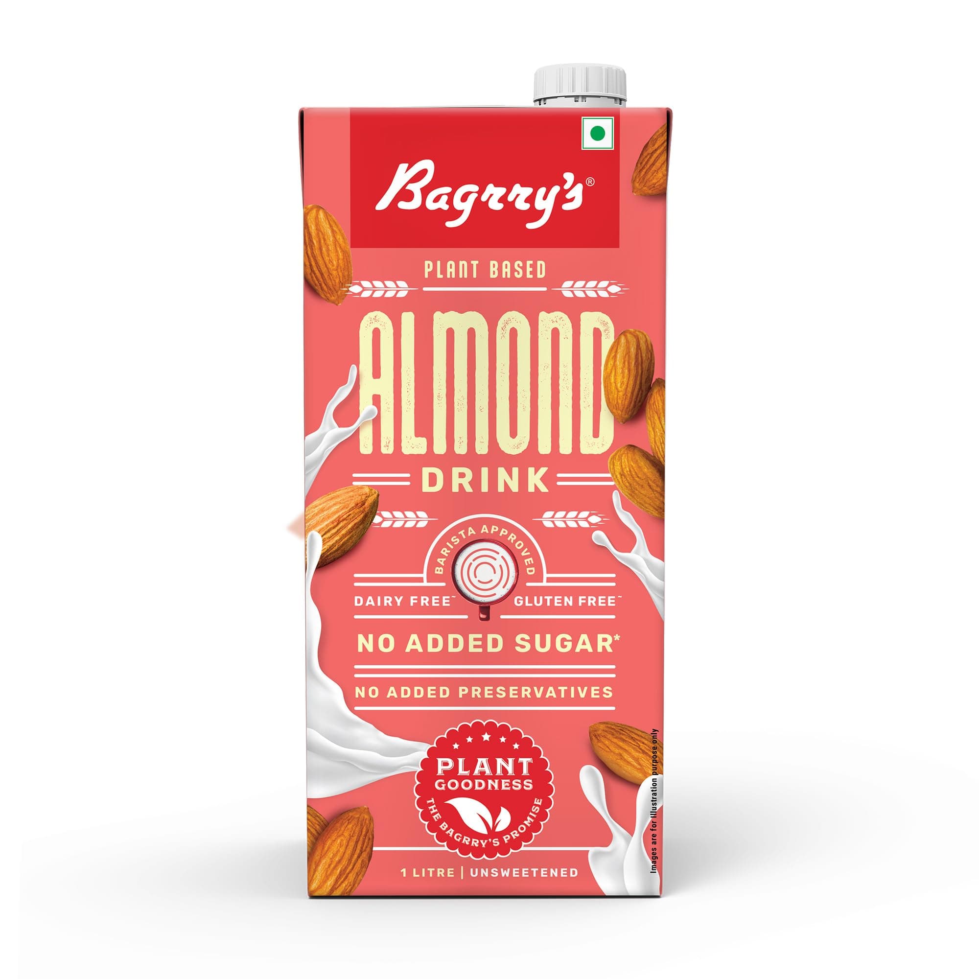 Bagrrys Plant Based Almond Drink, Unsweetned 1l | Vegan | Gluten Free| Dairy free | No Added Sugar| Plant based milk | No Preservatives