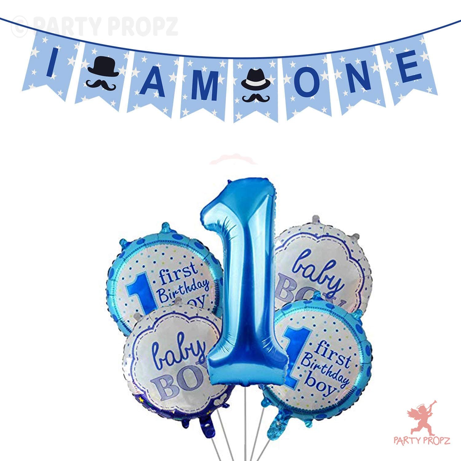 Party Propz 1st Birthday Decoration Kit for Boys – 6 Pcs, I Am One Banner & Foil Balloons,1 Birthday Decoration Items for Boys, One Year Birthday Decoration Items,Baby Boy Birthday Decor