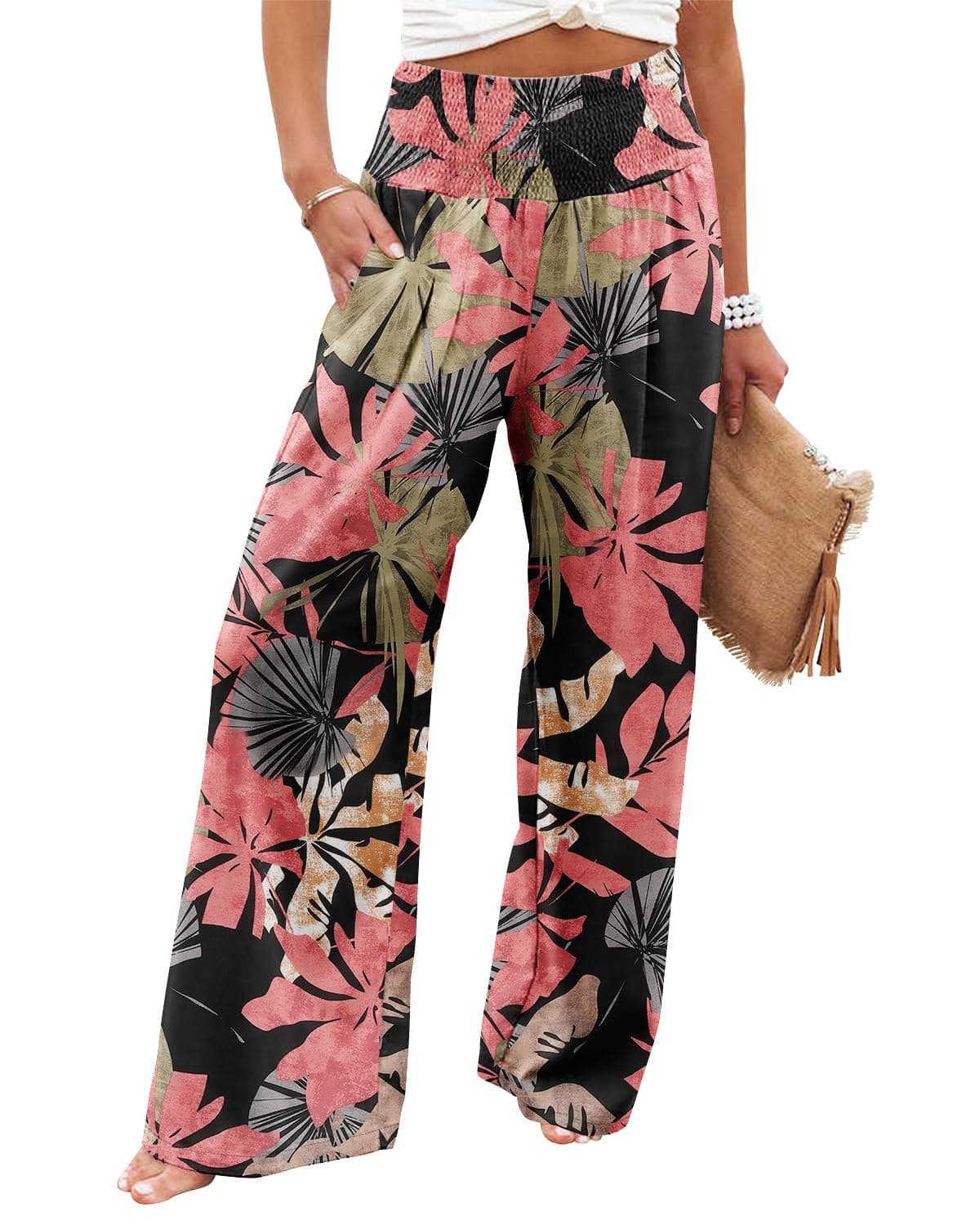 Womens Elastic High Waisted Palazzo Pants Casual Wide Leg Long Lounge Pant Trousers with Pocket