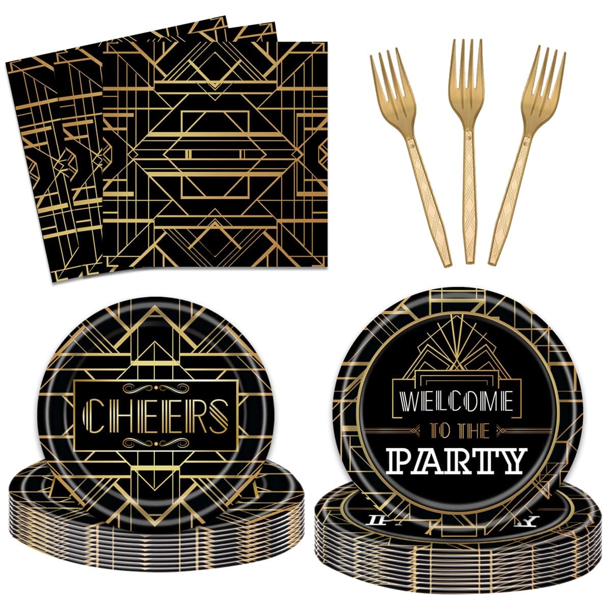 96 Pcs Roaring 1920's Party Plates and Napkins Party Supplies Black and Gold Retro Jazz Flapper Party Tableware Set 20s Great Gatsby Party Decorations Favors for 24 Guests