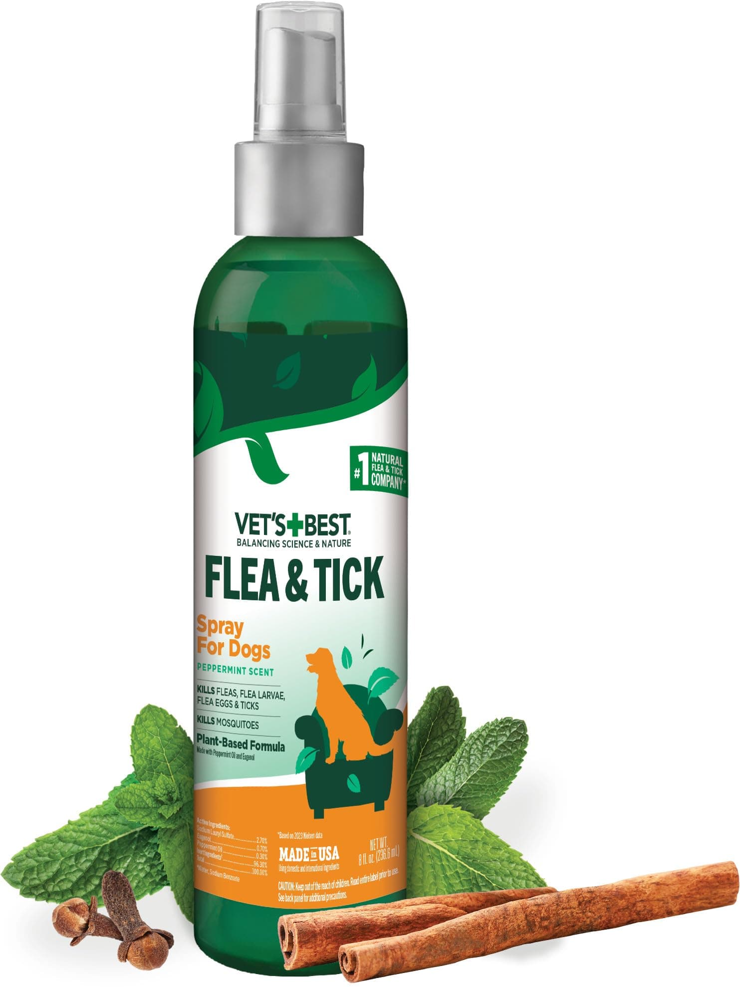 Vet's Best Flea + Tick Natural Formula Peppermint Oil Kills Fleas Eggs Spray 8oz