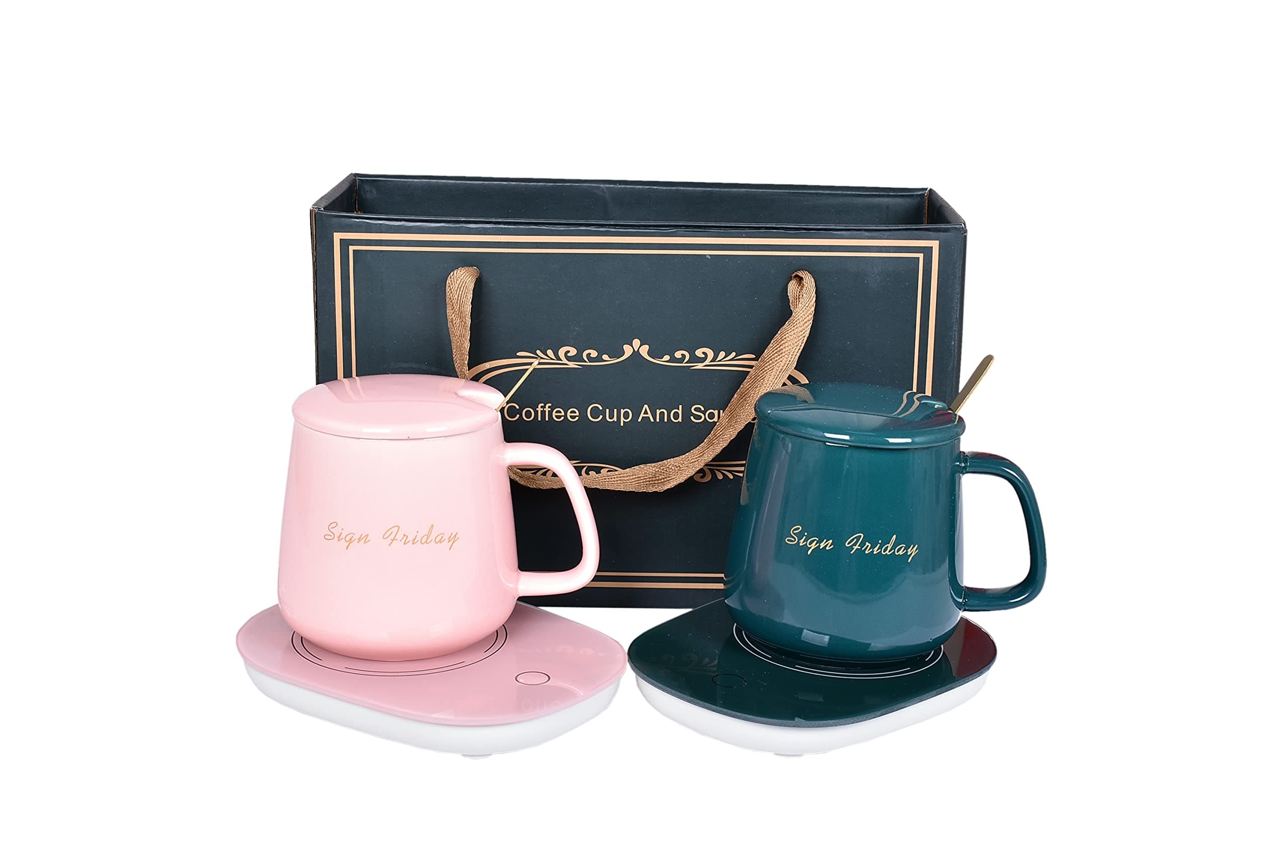 Coaster Electric Coffee Cup,Gift set, Mug Warmer with Lid & Golden Spoon, Office Coffee, Tea, Milk Warmer set, (GREEN)