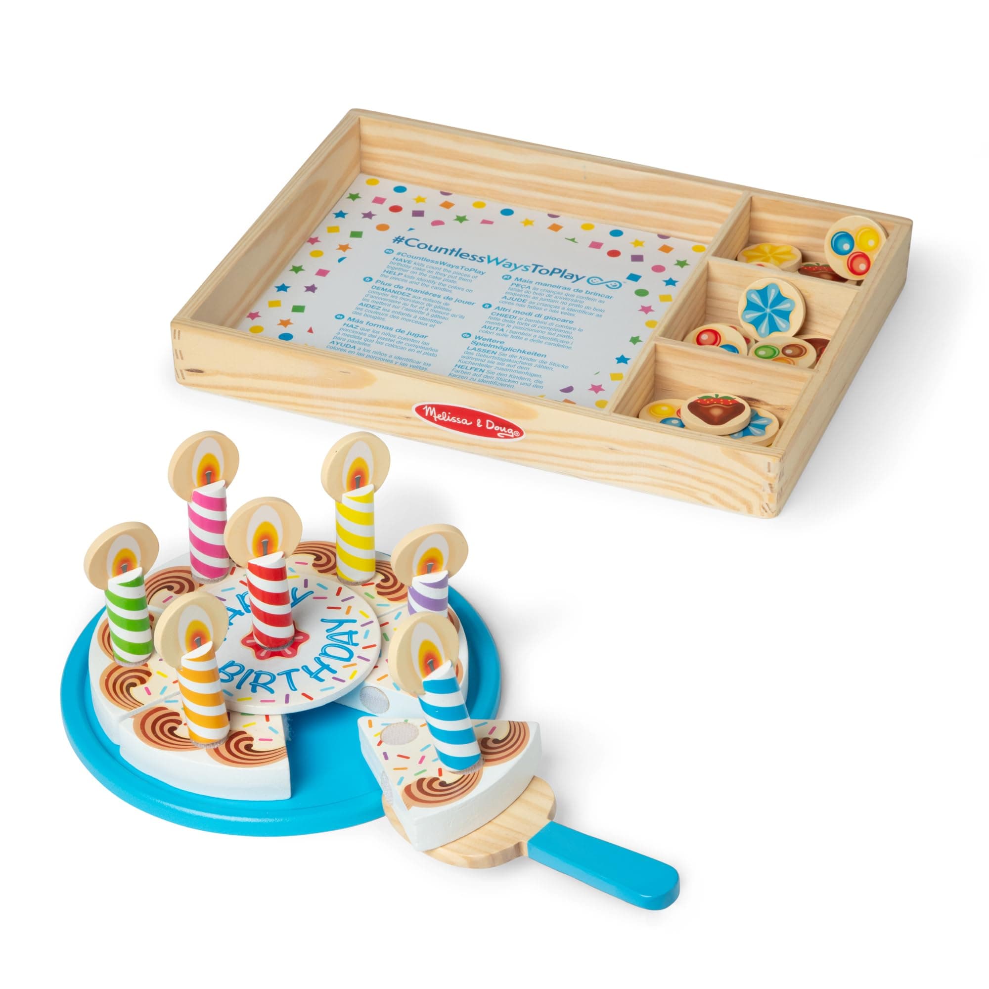 Wooden Birthday Cake Set – 34-Piece Pretend Play Food Set with Candles, Cutter & Tray – Realistic Sliceable Cake Toy for Kids Ages 3+