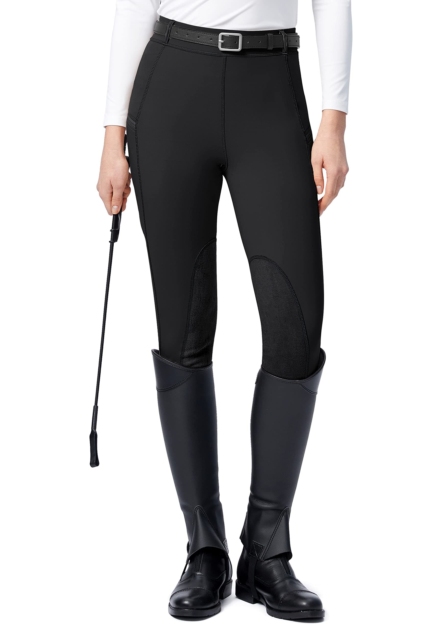 SANTINY Women's Horse Riding Pants with Zipper Pockets Knee-Patch Schooling Tights Equestrian Breeches for Women