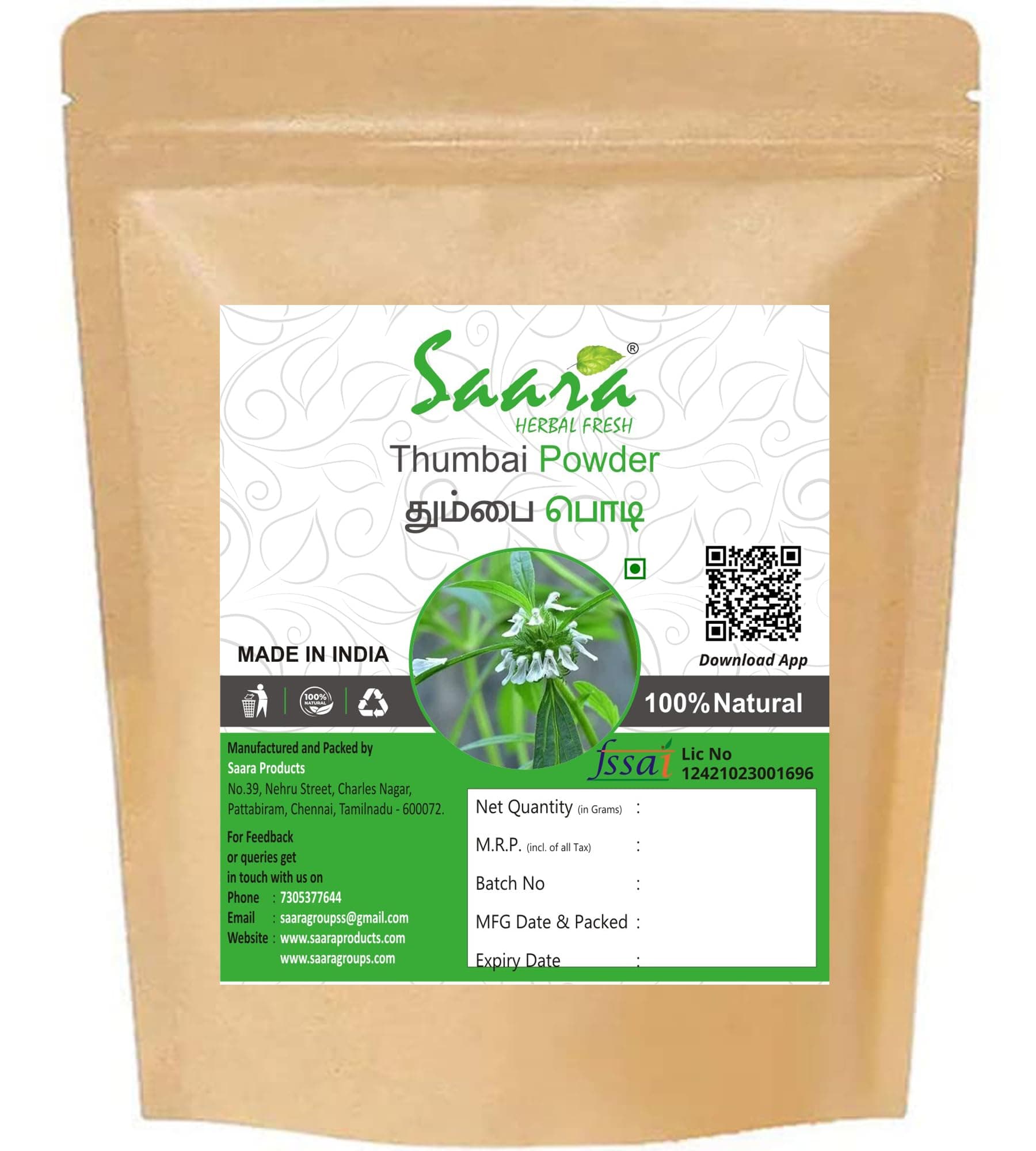 Saara HERBAL FRESH Thumbai Powder, 70g, Chhota Halkusa, Madhupati, Leucas Aspera, Tumba, Tummachettu, Dronapushpi Powder,(Pack of 1 X 70gm)