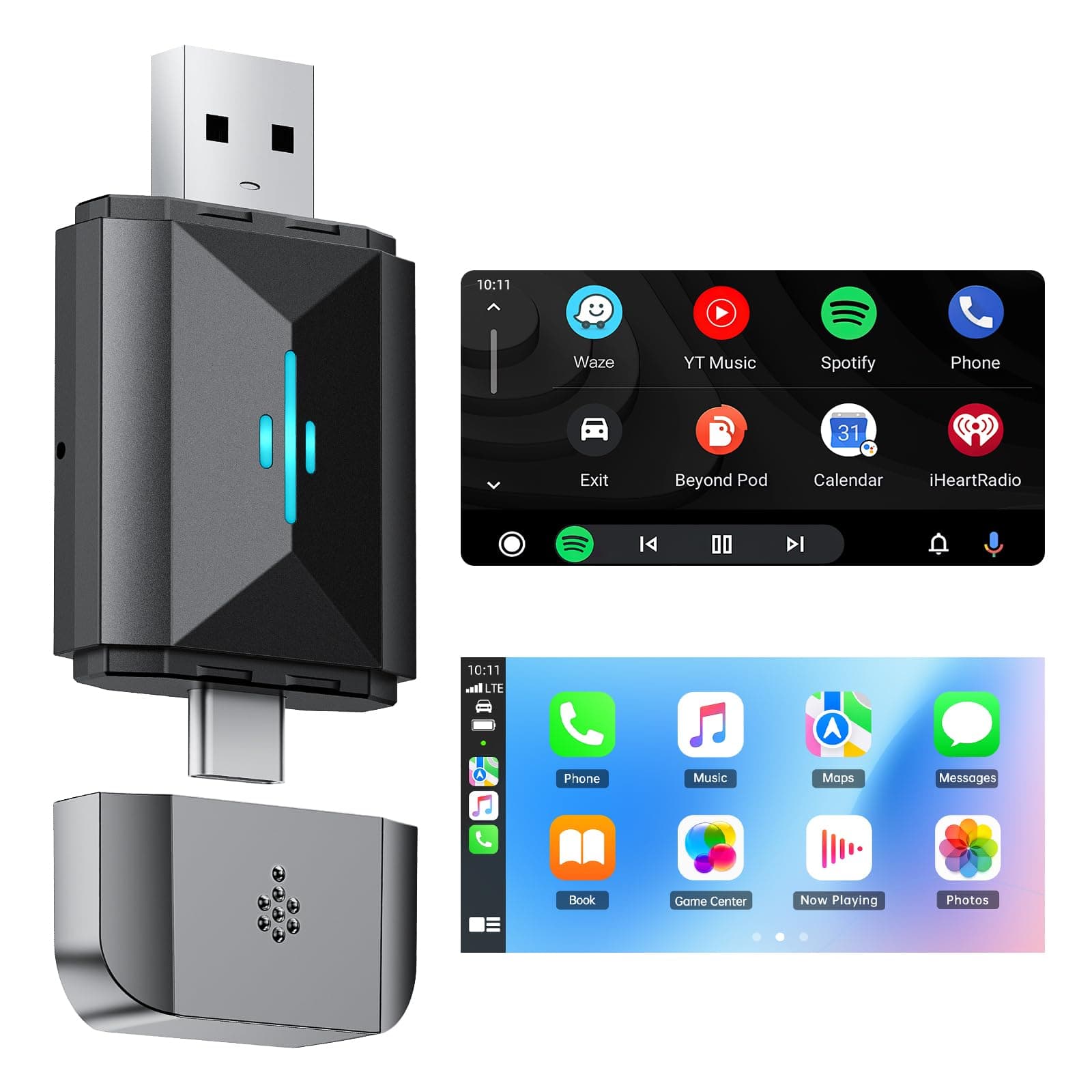 2024 Upgrade 2 in 1 Wireless CarPlay & Android Auto Adapter Box, Converts Factory Wired to Wireless for Cars from 2016, Type-C/USB, Plug & Play